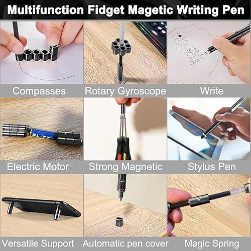 Miniatura 4 de Bolígrafo magnético de descompresión negro con bola de arcoíris, bolígrafo magnético de metal para escribir juguete para aliviar la ansiedad,