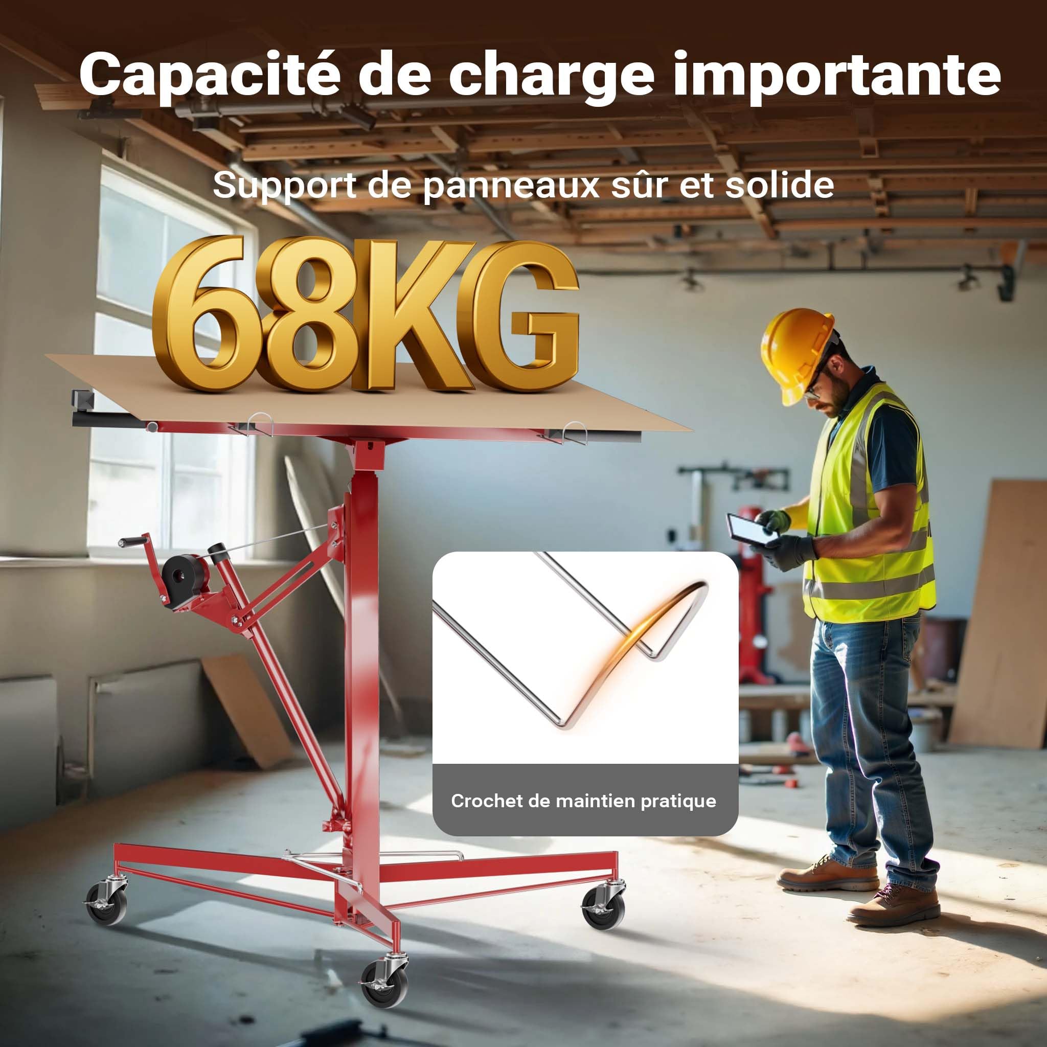 Wiltec Lève-panneaux, lève-plaques de plâtre XXL rouge – capacité de charge max. 68 kg – Hauteur 140-350 cm – Largeur max. 290 cm – 3 Roues - Aide au montage Construction
