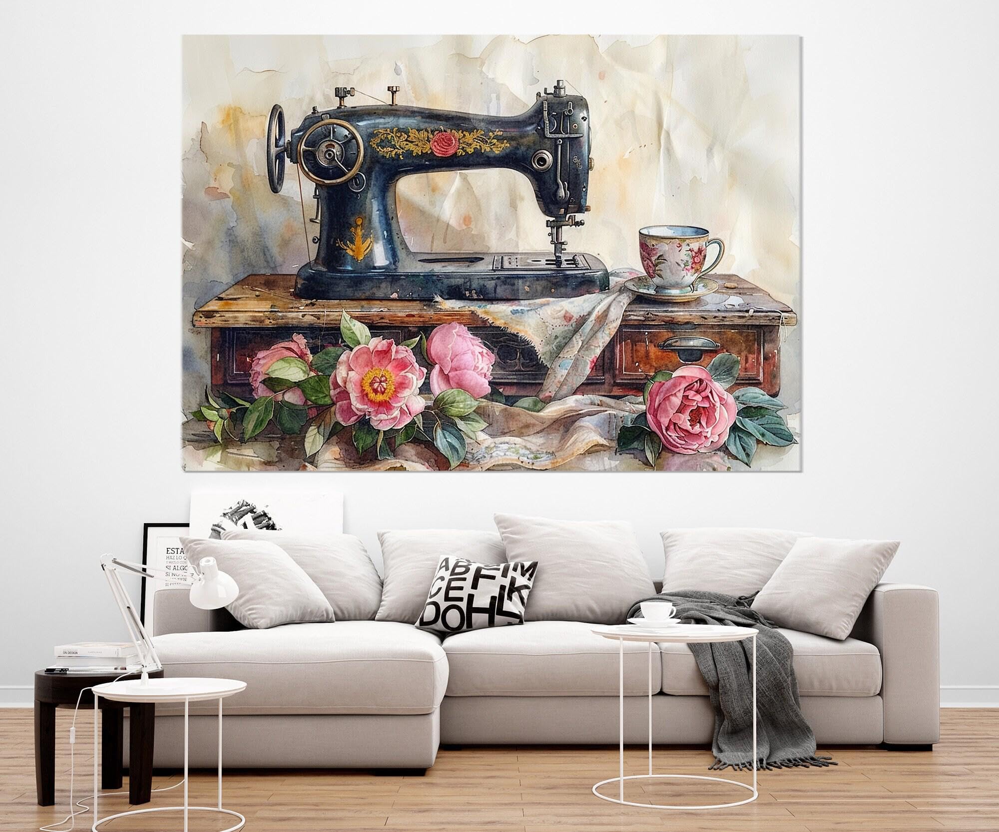 TONGYINLI Plakat na maszynie do szycia w stylu vintage, obrazy na płótnie z motywami krawieckimi, do dekoracji mieszkania w stylu retro (20 x 30 cm/rama wewnętrzna)