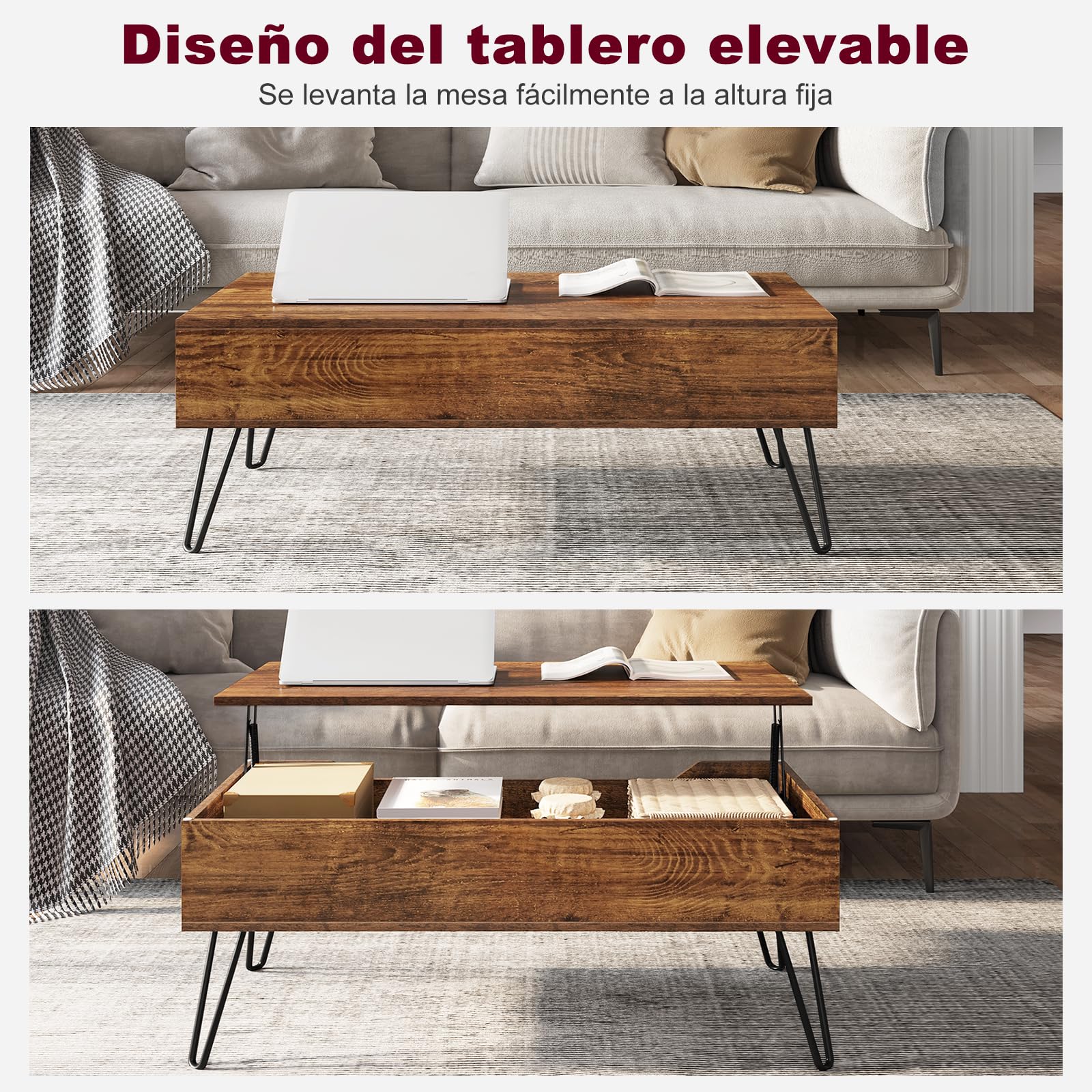 WOLTU Mesa de Centro Elevable y Extensible con Espacio Interno, Auxiliar con Patas Metálicas para Salón, 95x50x(40-55,5) cm, Madera Vintage, BTS18hov