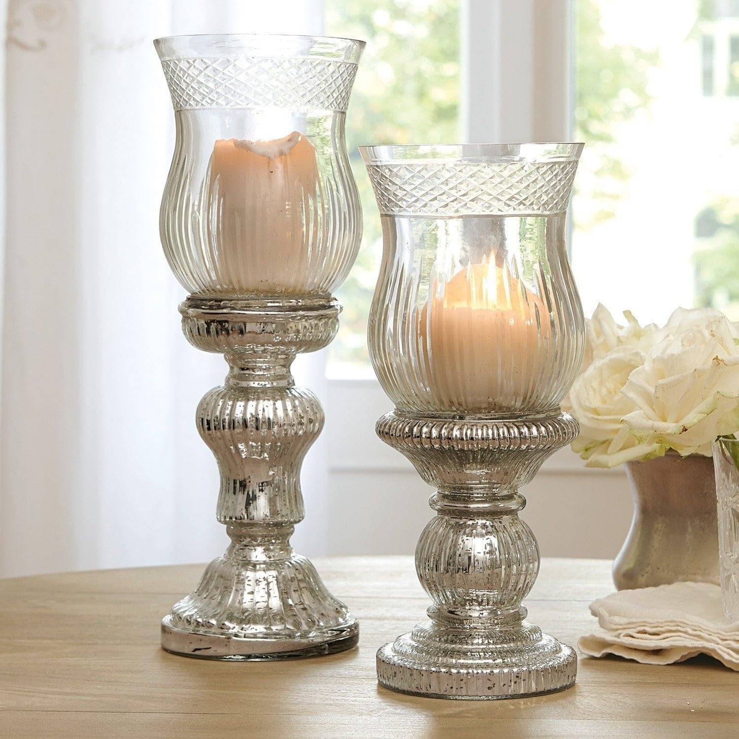 Loberon Kerzenständer Set Luisant - Deko Kerzenhalter Silber Für Kerzen & Teelichter - Mundgeblasen Aus Glas - 2 Stück - 29cm & 35cm, Silber/klar | Vollständig aus Glas gefertigt - Verspiegelter Fuß im Antiksilber-Finish - Reizvoller Schliff - Mundgeblase