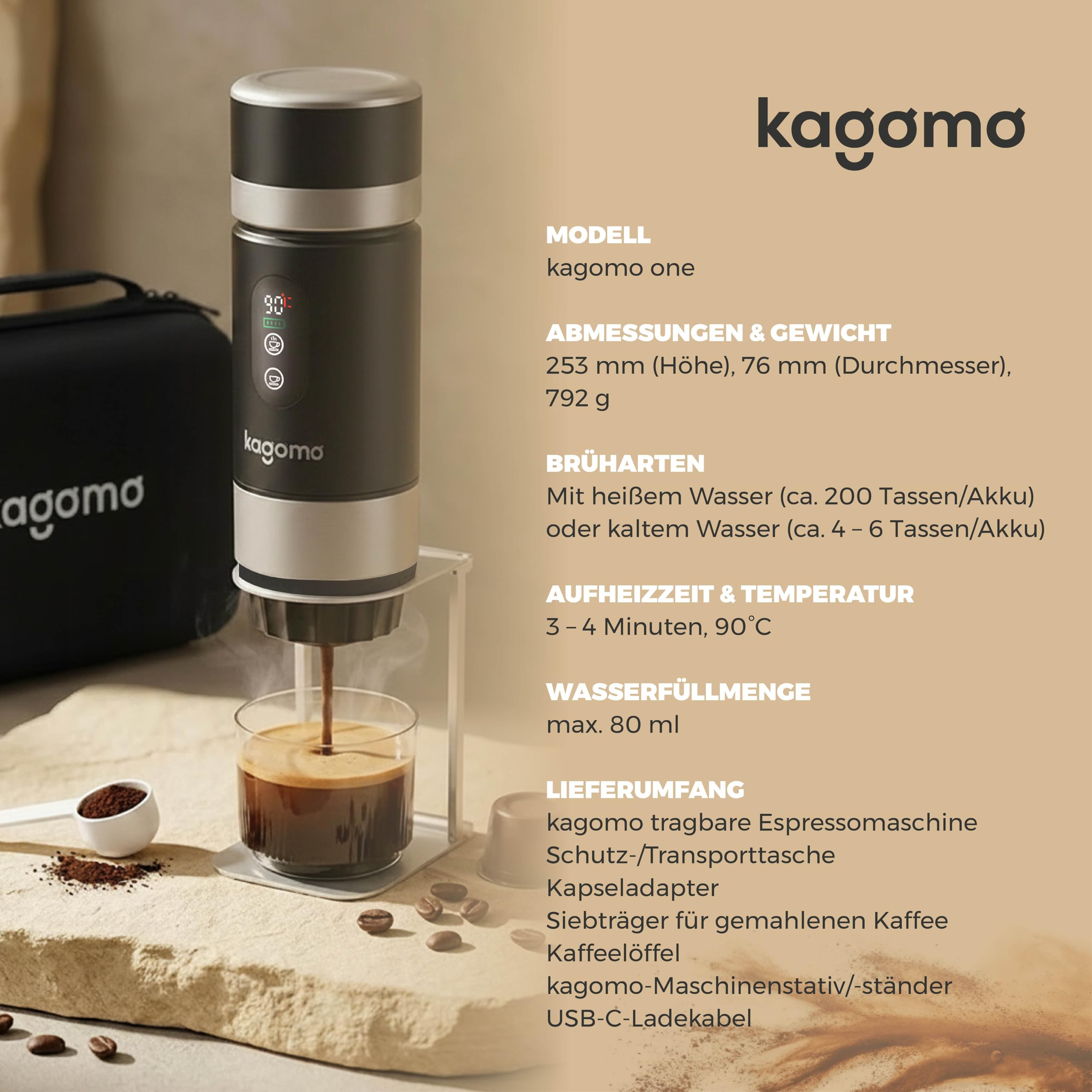 kagomo One Tragbare Espressomaschine mit Akku 20 Bar USB-C Mobile Kaffeemaschine für unterwegs Auto Camping