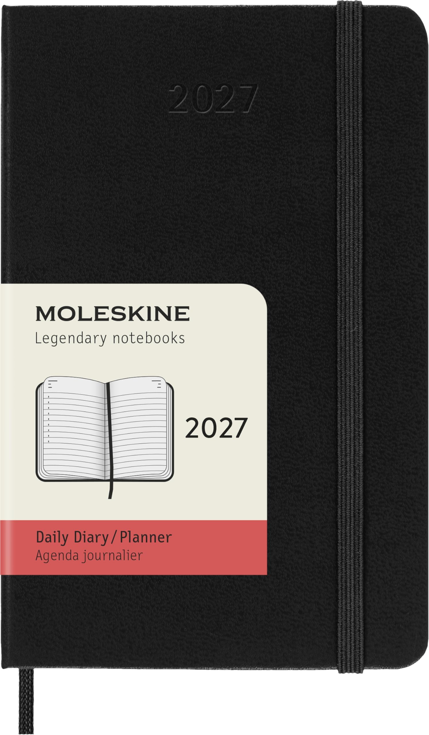 Moleskine Daily Planner 2027, Hard Cover 12 Month Diary with Elastic Closure, Pocket Size 9x14 Cm, Black