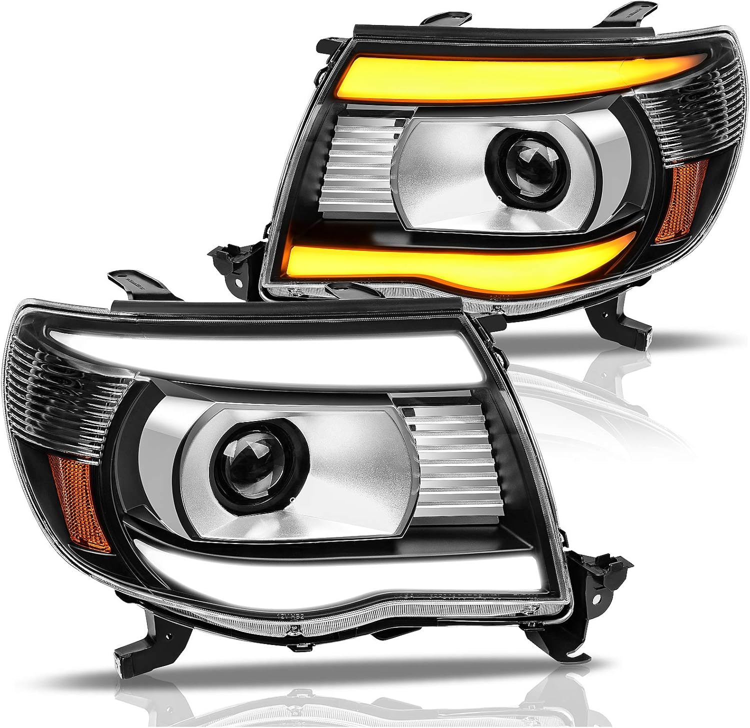 DWVO Headlight Assembly Compatible with 2005 2006 2007 2008 2009 2010 2011 Toyota Tacoma Pickup Truck Halogen model headlights OE Style Replacement Chrome Housing Amber Reflector