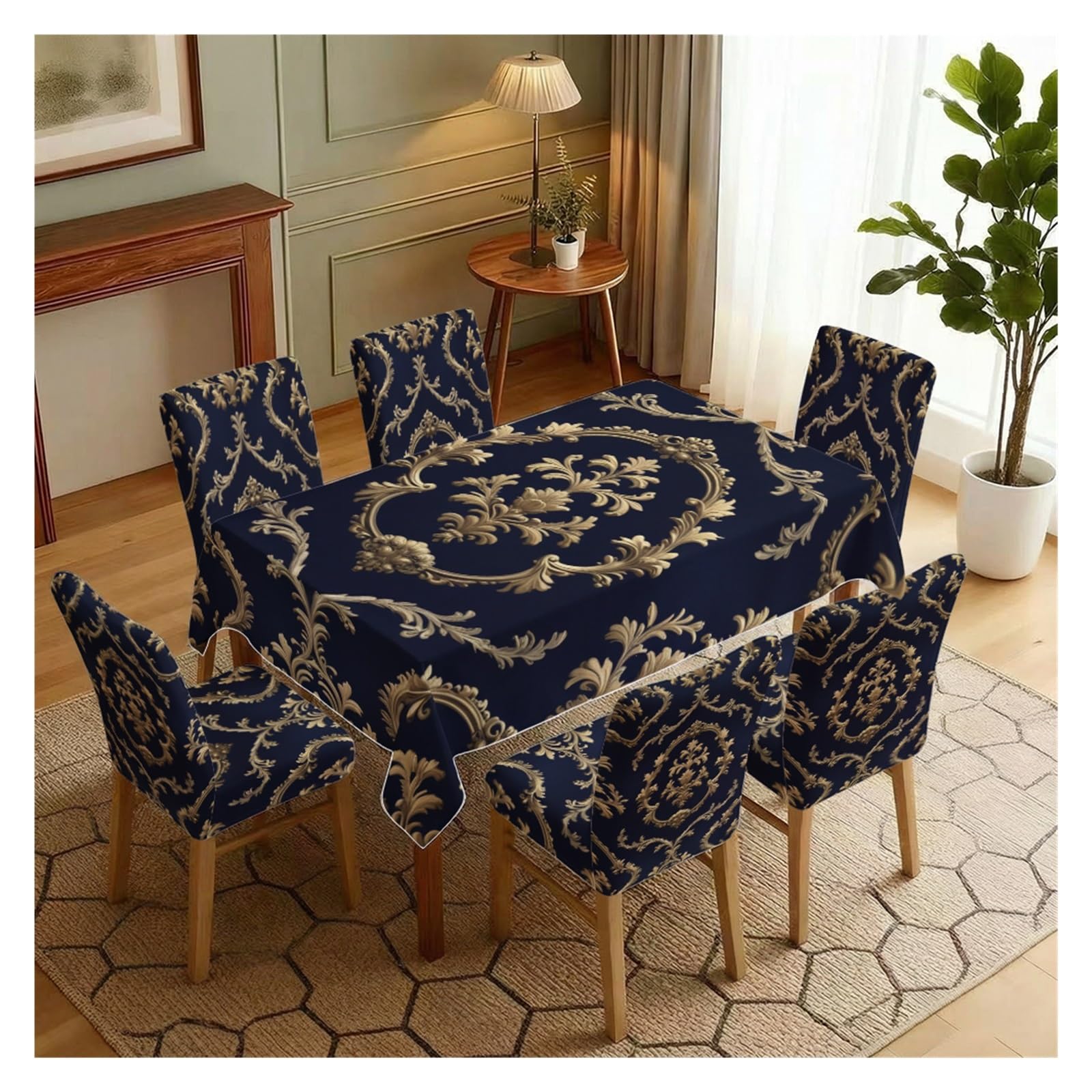 BOSUYBN Luxury Damask Dining Tablecloth & Chair Covers Set, 5/7 Piece Navy Base Gold Ornate Scroll Slipcovers For Classic Elegant Home Table Setting(7pcs Set: Tablecloth+Chair Covers)