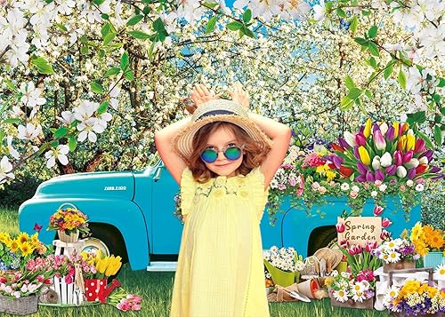 Miniatura 2 de Telón de fondo de bosque de flores de pera de primavera de 8 x 6 pies, camión azul, tulipán de Pascua, mariposa, jardín, hierba, boda, baby shower,