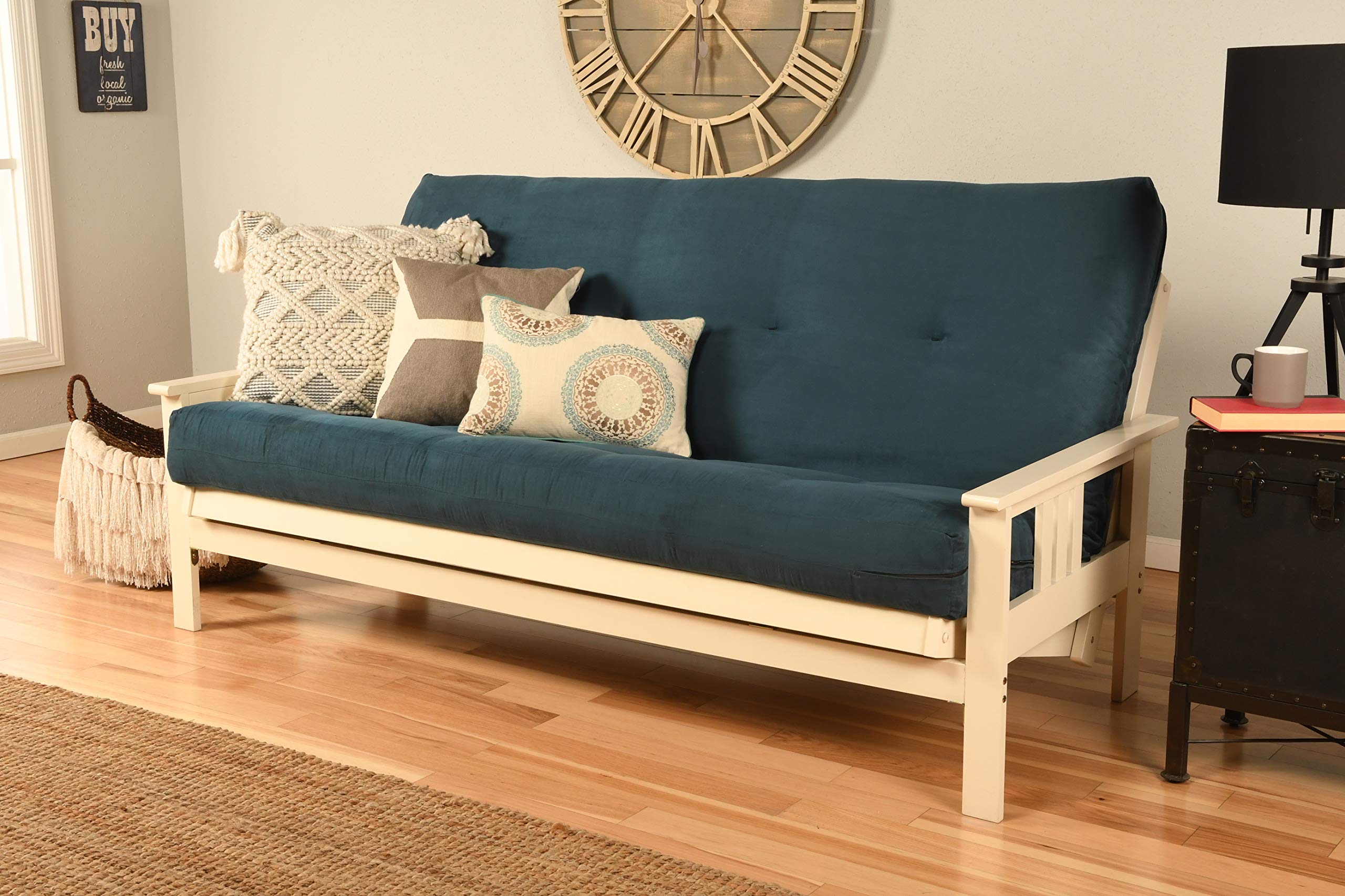 Kodiak Furniture Monterey Futon Set, No Drawers, with Antique White Base and Suede Navy Mattress