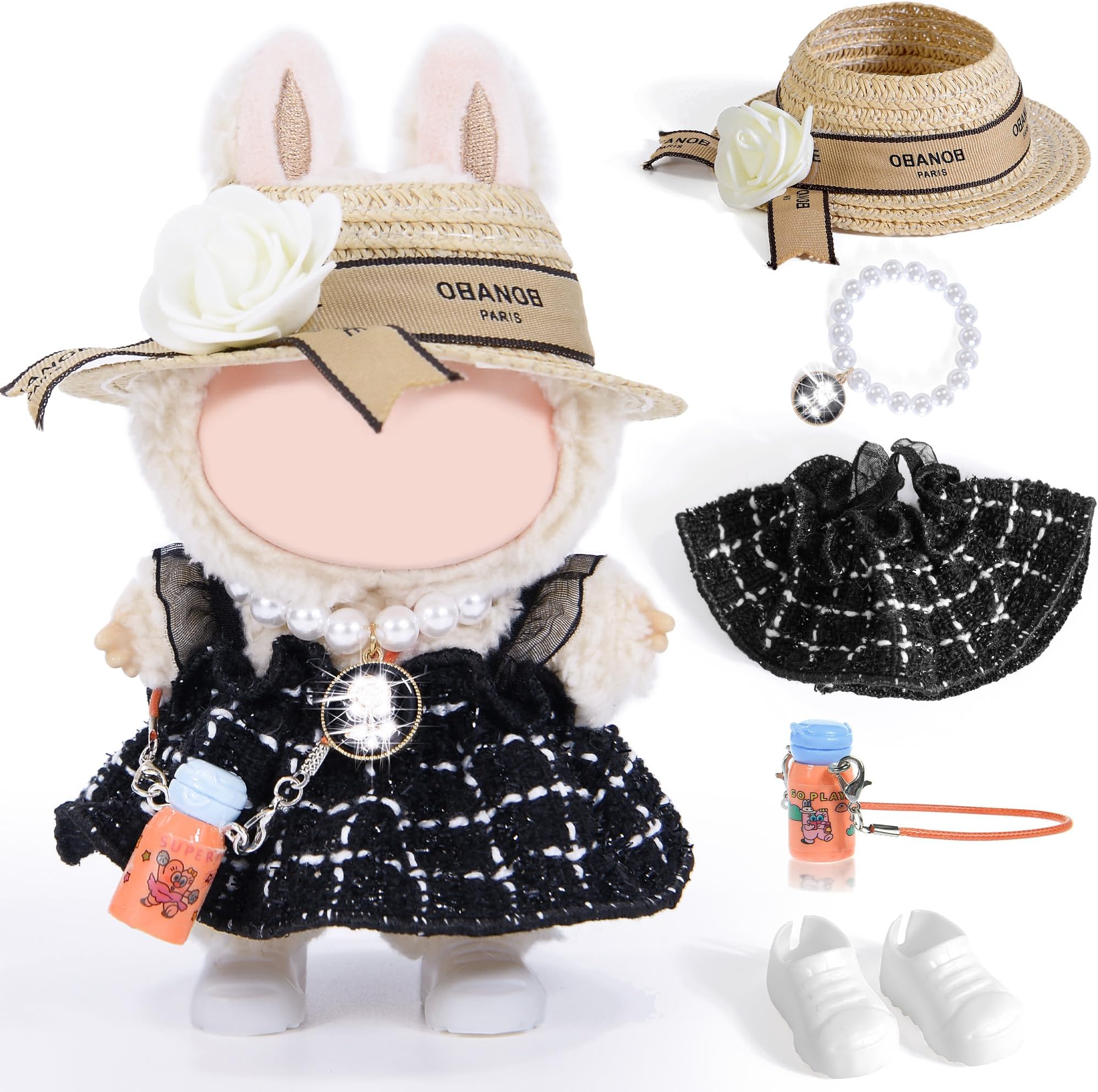 Chic Style 17cm Doll Clothes Accessories Set Include: 1 Dress, 1 Hat, 1 Necklace, 1 Water Bottle and 1 Shoes for Dress up Your Dolls (Doll Not Included), Black #1