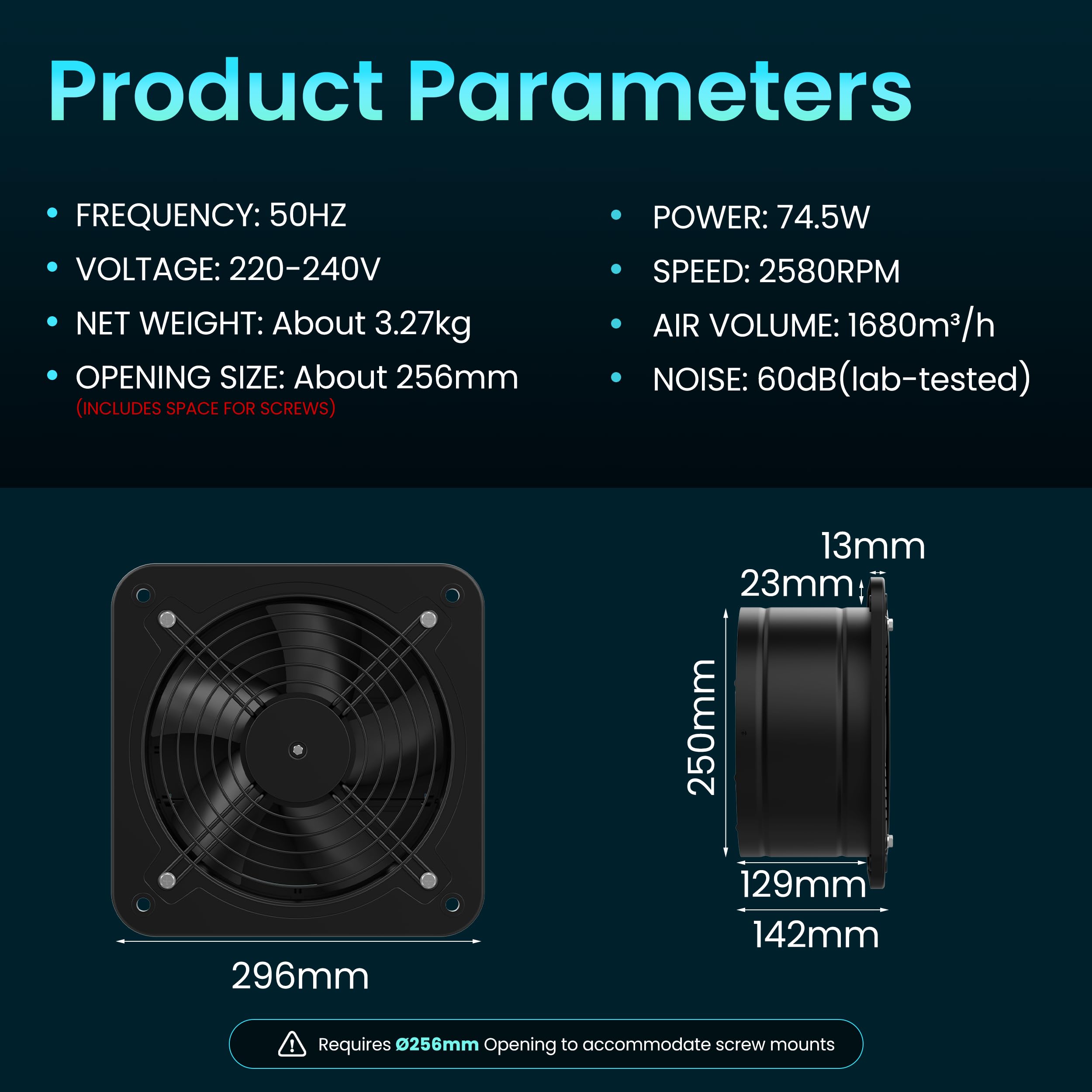 HG Power Wentylator wyciągowy 250 mm – 1680 m³/h, cichy, z klapą zwrotną, przełącznikiem, wtyczką, 74,5 W, przemysłowy wentylator ścienny do kuchni, łazienki, garażu, piwnicy, czarny