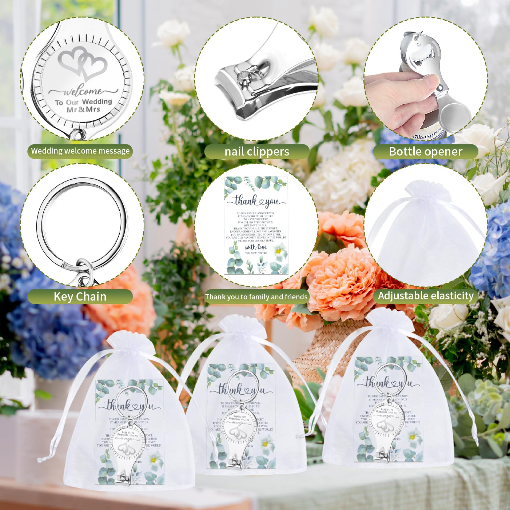 50 Stück Hochzeitsgeschenke für Gäste – Herz-Schlüsselanhänger mit Flaschenöffner und Nagelknipser, inklusive Dankeskarten und Organzabeuteln, Brautparty-Geschenke für Gäste, Hochzeitsfeier