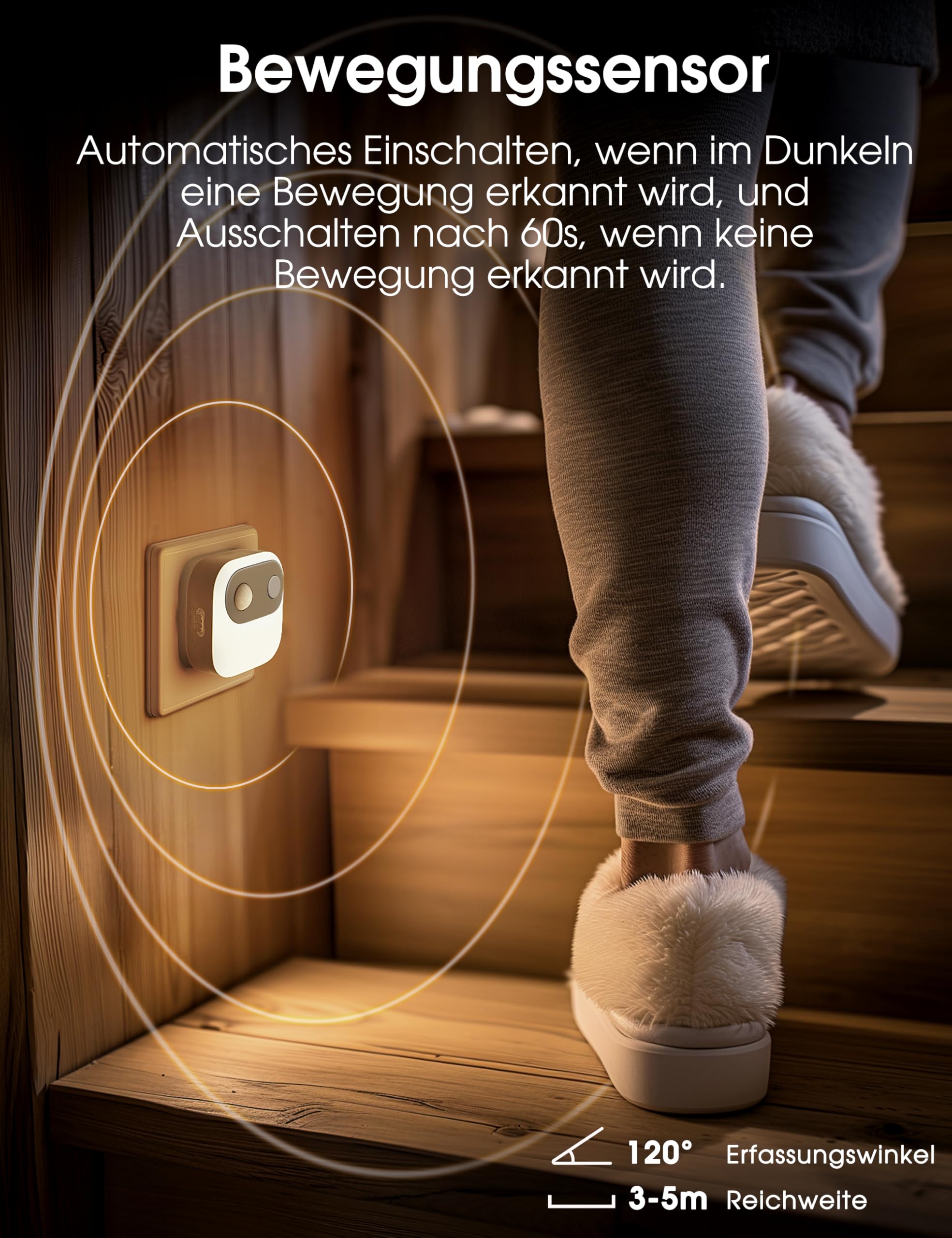 Emeritpro Luz nocturna enchufe con sensor de movimiento y crepuscular | brillo ajustable 30/60/100 Lm, 3000 K blanco cálido Luz nocturna para niños, ideal para escaleras, 4 Unidades