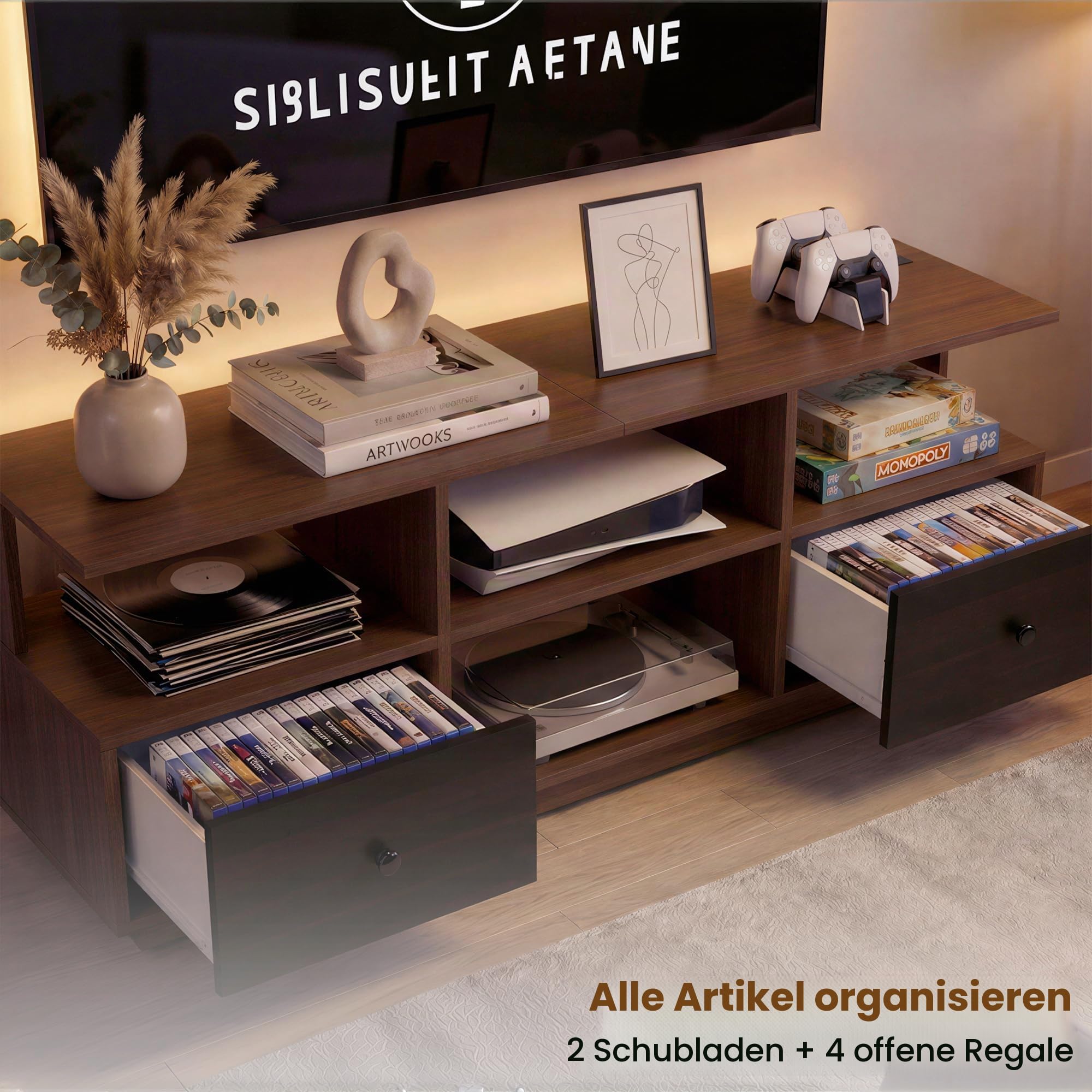 Manroa TV Schrank Nussbaum 120 cm Breit,Fernsehtisch für TV bis 55 Zoll,TV Sideboard Dunkelbraun mit Stauraum, TV Stand Cabinet für Wohnzimmer & Gaming Raum & Schlafzimmer