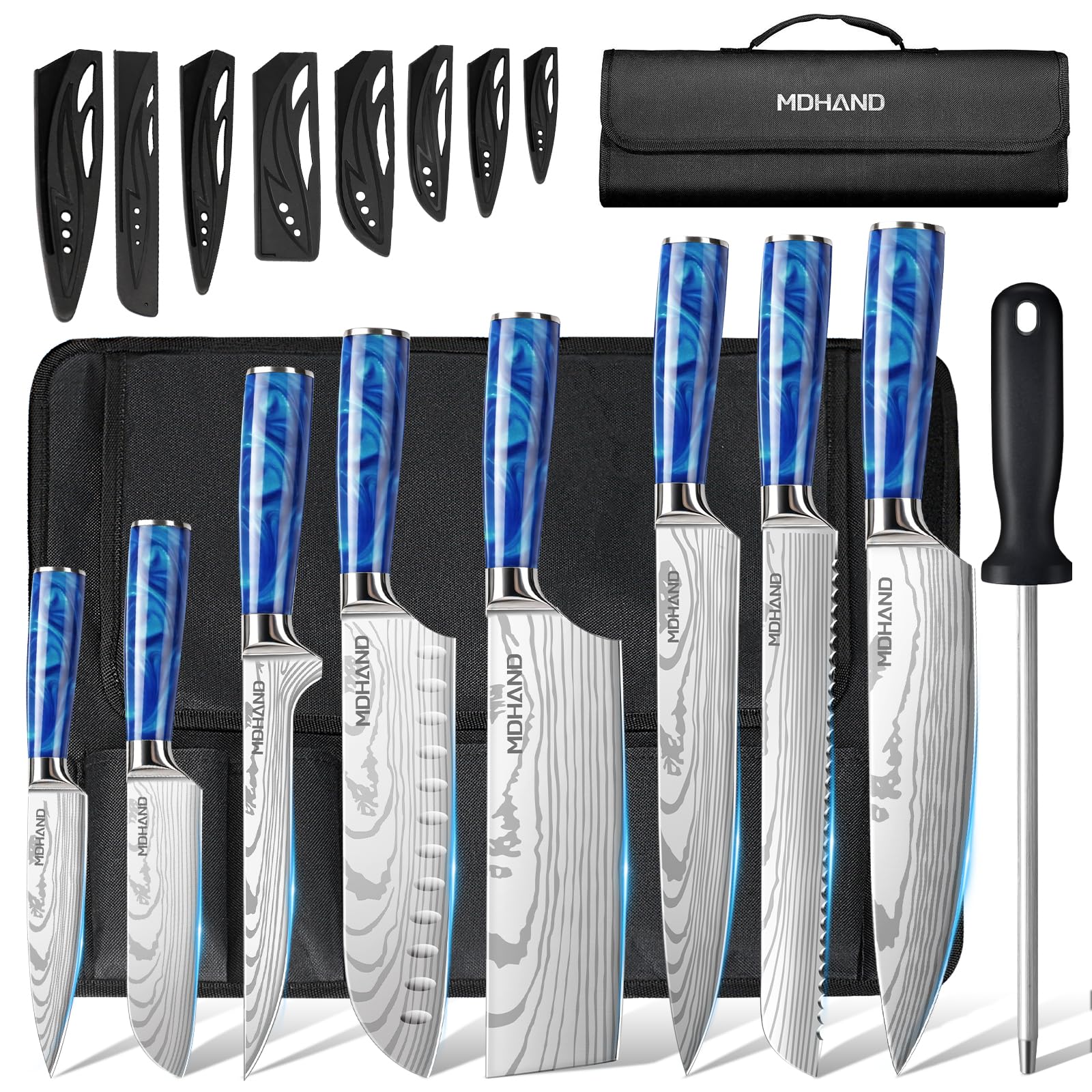 MDHAND Set de Couteaux de Cuisine, 8 pièces couteau cuisine professionnelle avec étui à roulettes, acier inoxydable à haute teneur en carbone extrêmement tranchant Ensemble de couteaux de cuisine