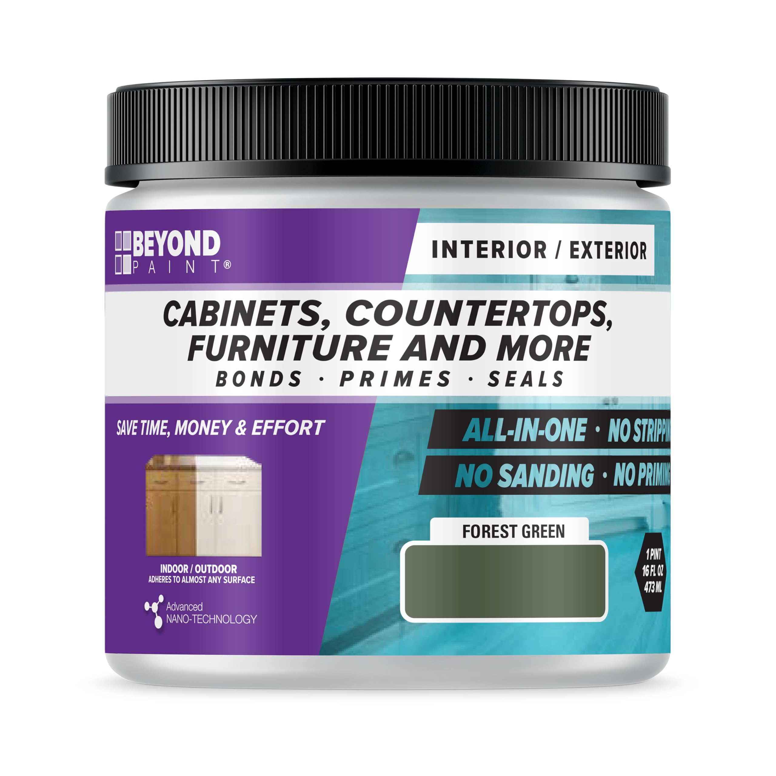 All-in-One Refinishing Paint, No Sanding, Matte Finish for Cabinets, Countertops, Furniture and Doors, 1 Pint, Forest Green