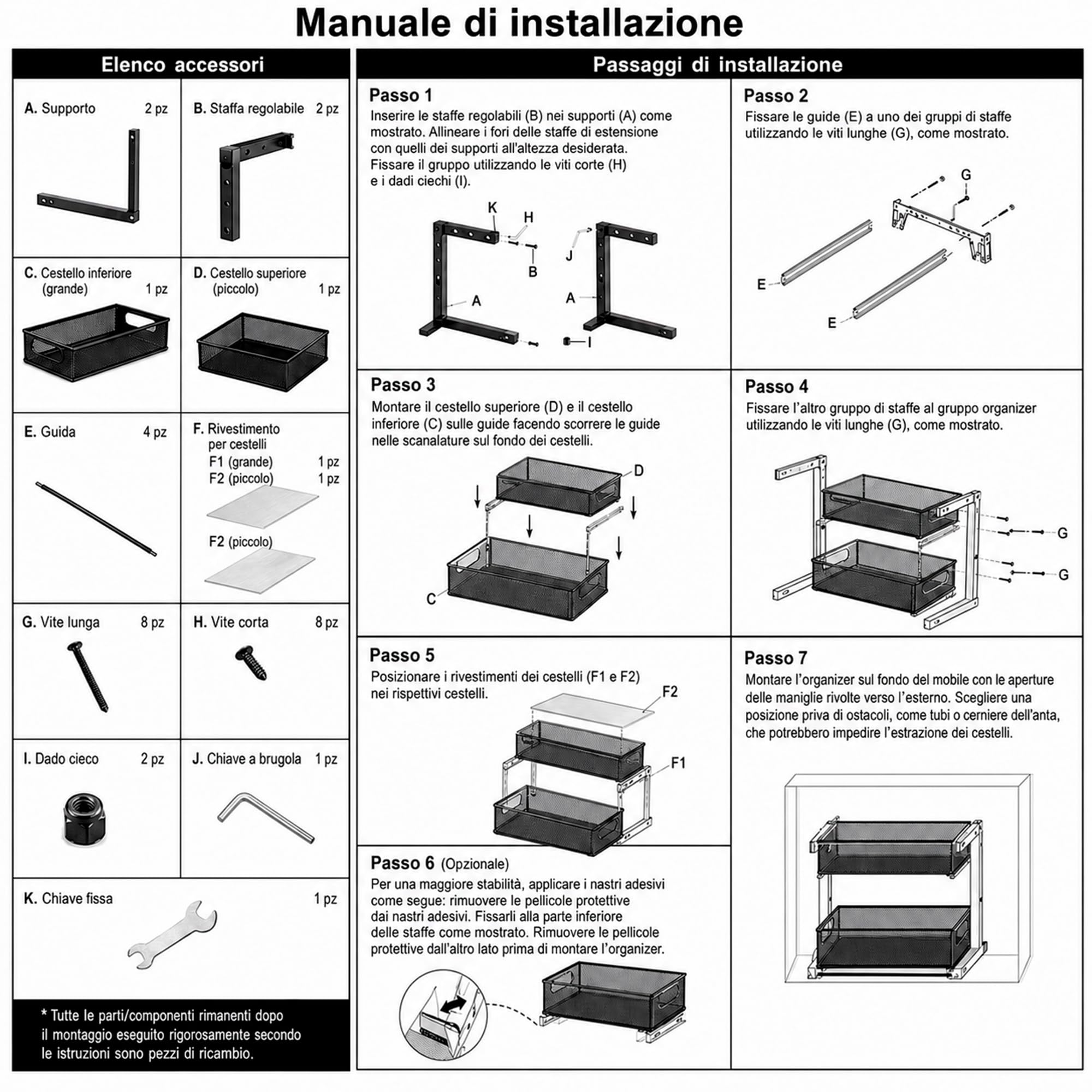 Organizzatore basso lavello per cucina o bagno - Organizer da cucina in metallo nero con doppia altezza e vassoi estraibili - Scaffale per riporre prodotti per la pulizia, dispensa e altro - Pack 2