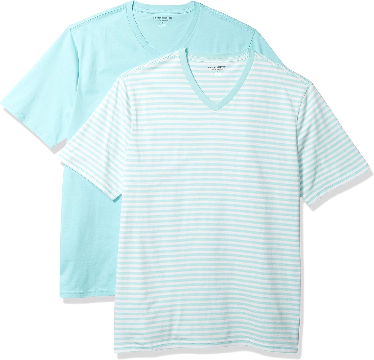 Amazon Essentials Men's Regular-Fit Short-Sleeve V-Neck T-Shirt, Pack of 2 X-Large Aqua Blue/White, Stripe