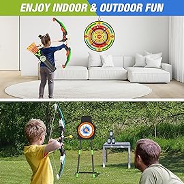 HYES 2 Pack Kids Bow and Arrow with 29 Large Dart Board, LED Light Up Archery Set with 24 Suction Cup Arrows, Indoor Outdoor Sport Toys Gifts for 3 4 5 6 7 8 9 10 11 12 Year Old Boys Girls