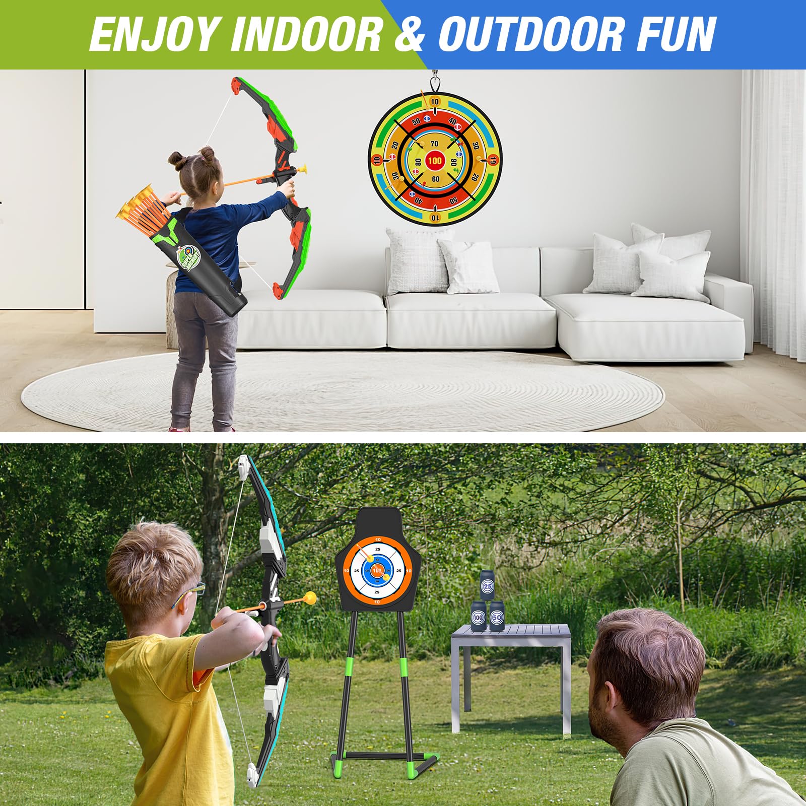 Paquete de 2 arcos y flechas para niños con tablero de dardos grande de 29 pulgadas, juego de tiro con luz LED con 24 flechas de ventosa, juguetes deportivos para interiores y exteriores, regalos 5