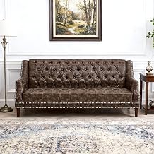 chairus Mid-Century Modern 74.5" Faux Leather Sofa, Tufted Upholstered 3 Seater Couch with High Back & Nailhead Trim, Chesterfield Sofa for Living Room Bedroom Apartment Office, Distressed Brown PU