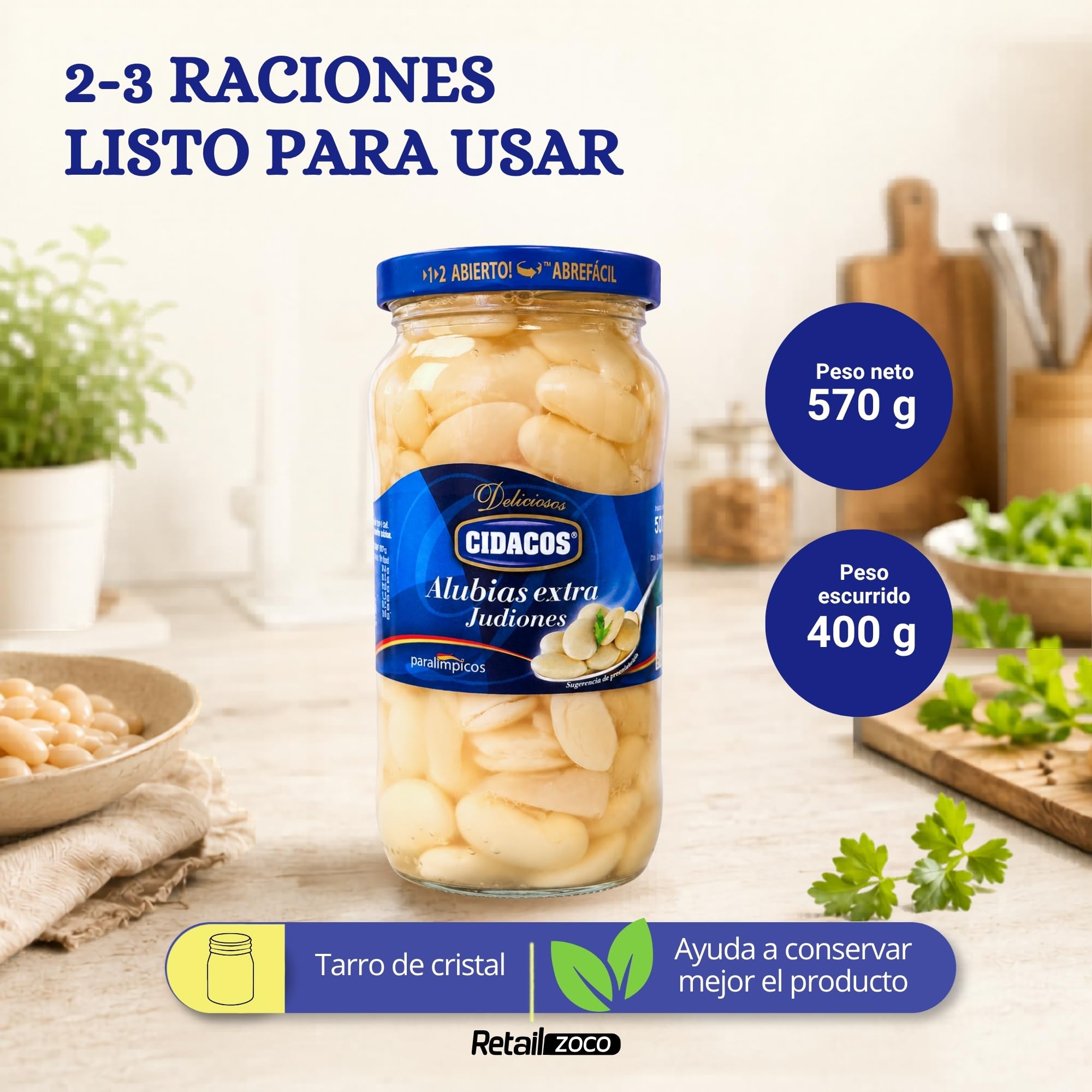 Judiones Cocidos Extra, Ideal como guarnición, plato principal o en ensaladas, Conservar en lugar fresco y seco, Peso neto 570 g, Peso escurrido 400 gr, Formato tarro de cristal, 2 Unidades - imagen 3