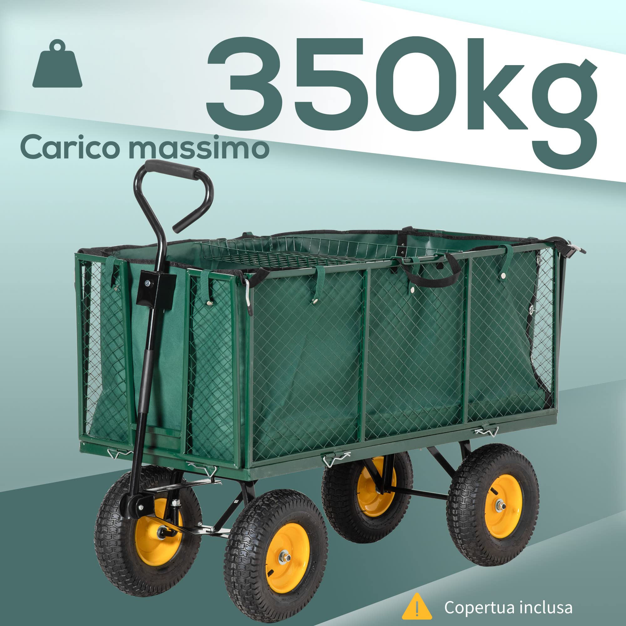 Outsunny Carrello da Giardino 342L con Maniglia Pareti Laterali Ribaltabili e 4 Ruote, 138x57x84cm, Verde