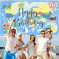 Vista 4 de RUMIA Cartel de cumpleaños con temática de viaje, decoración de aventura espera, incluye pancarta y cuerda, poliéster beige, adecuado