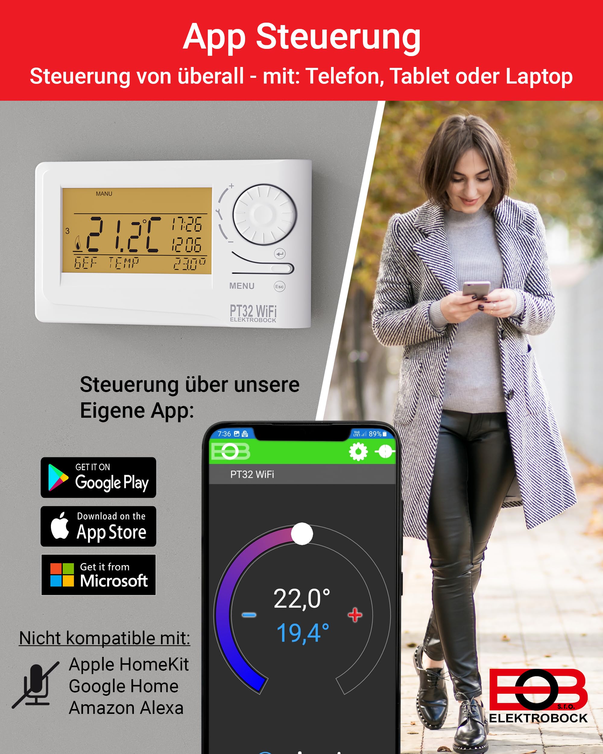 ELEKTROBOCK PT32 WiFi - Digitaler Raumthermostat mit Geolokalisierung - 𝑳𝓐𝑵𝐆𝑳𝜠𝓑𝑰𝐆 - Intelligentes programmierbares Wandthermostat mit App oder manuell - 9 Wochenprogramme, Weiß