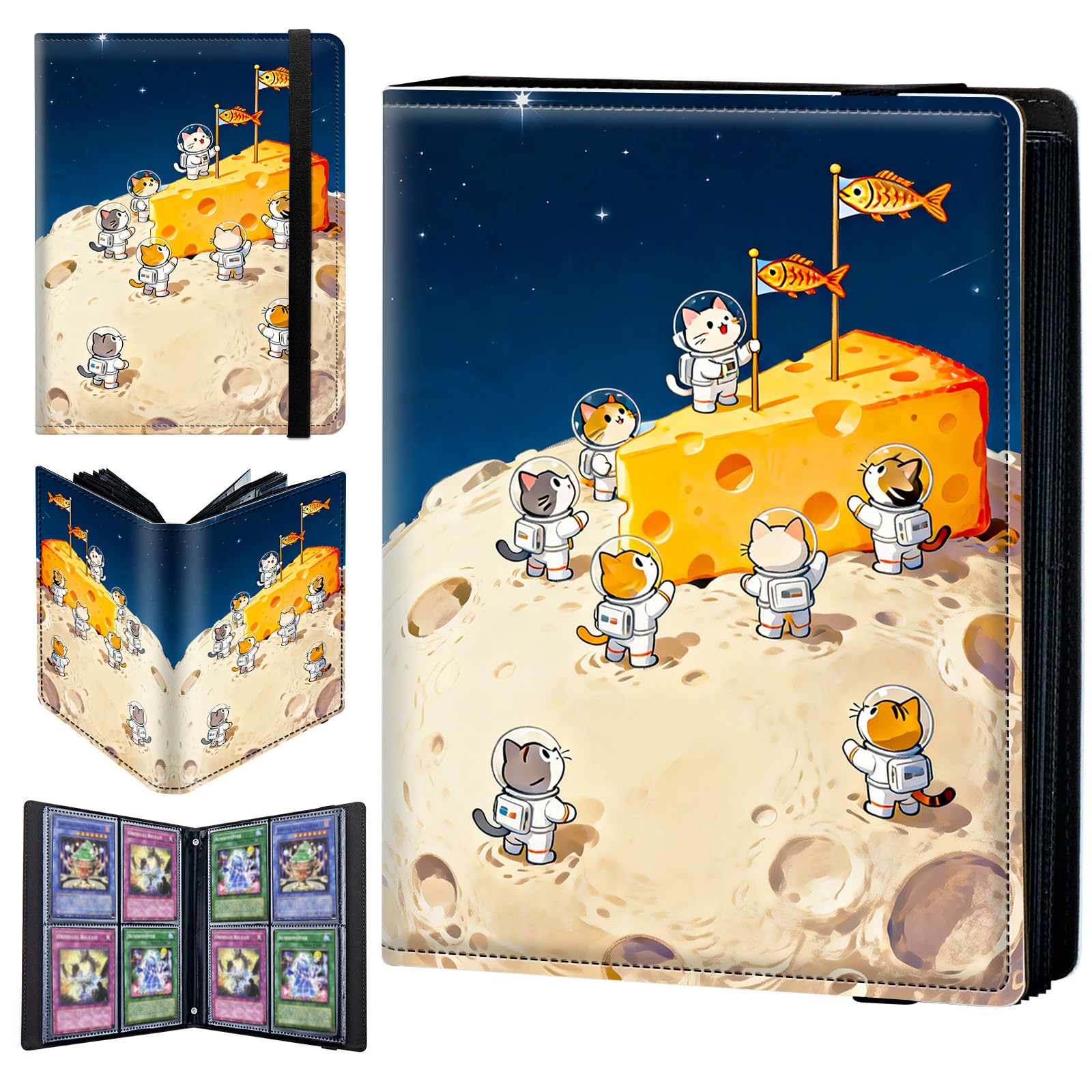 4 Pocket Trading Card Binder 160 Side Loading Pocket Album with Cat on Moon Pattern Design Card Binder for Sports Cards & Game Cards