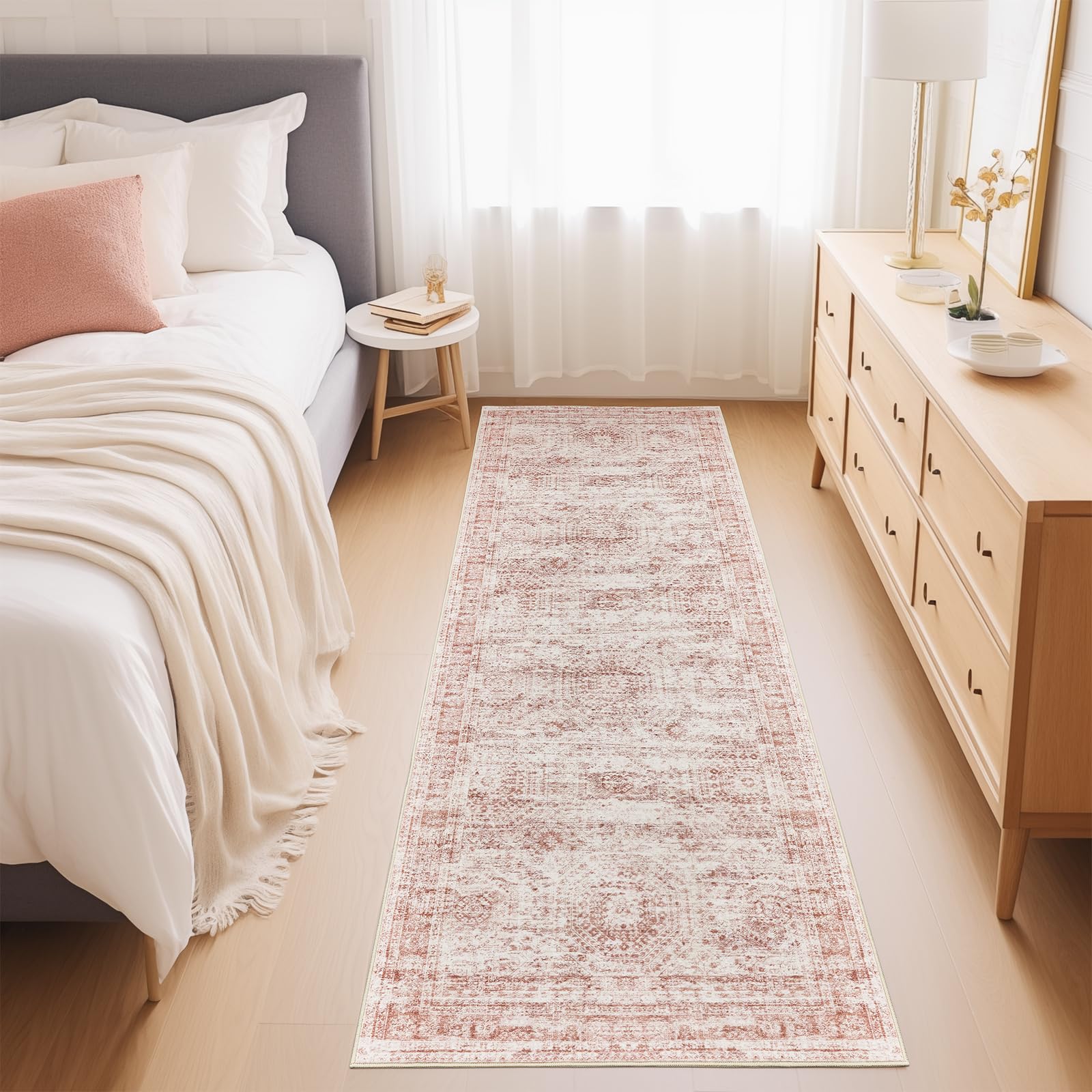 Restydon Long Hallway Runner Rug- Carpet Runners for Hallway 12ft, Anti Slip Backing Washable Rug Runner for Bathroom, Entrance, Living Room, Soft Low Pile Modern Rug Runner(2'x12', Pink/Ivory) — image 1