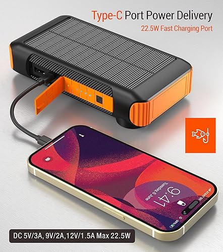 Miniatura 6 de Banco de energía solar de 20000 mAh con manivela de mano integrada y 4 cables de carga rápida de 22.5 W, 5 salidas y 5 entradas, cargador portátil