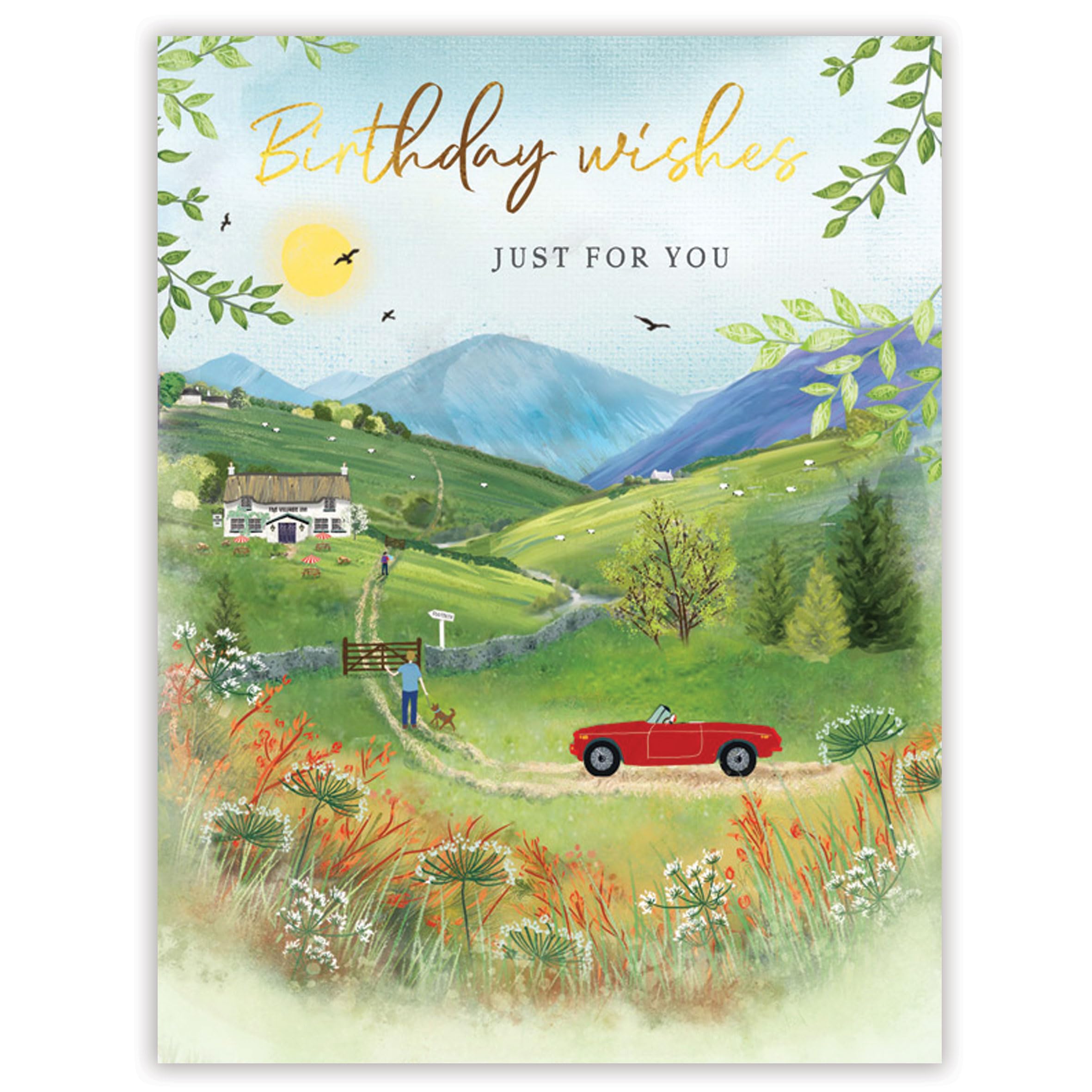 Piccadilly Greetings Birthday Card General Open - Scenic Birthday Card - Red Car Countryside - 8 x 6 inches
