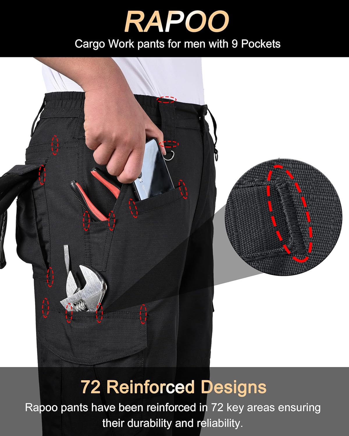 Rapoo Ripstop Water Resistant Cargo Tactical Pants for Men EDC Hiking Work Military Army Pants with 9 Pockets - Image 2