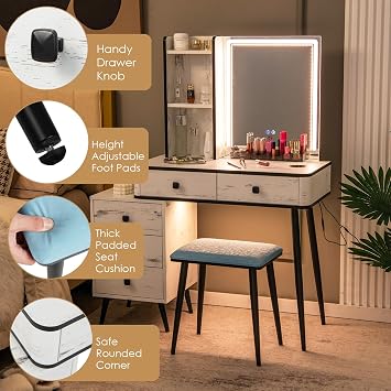Multigot Dressing Table with Mirror and Stool (White, Rectangular Mirror)