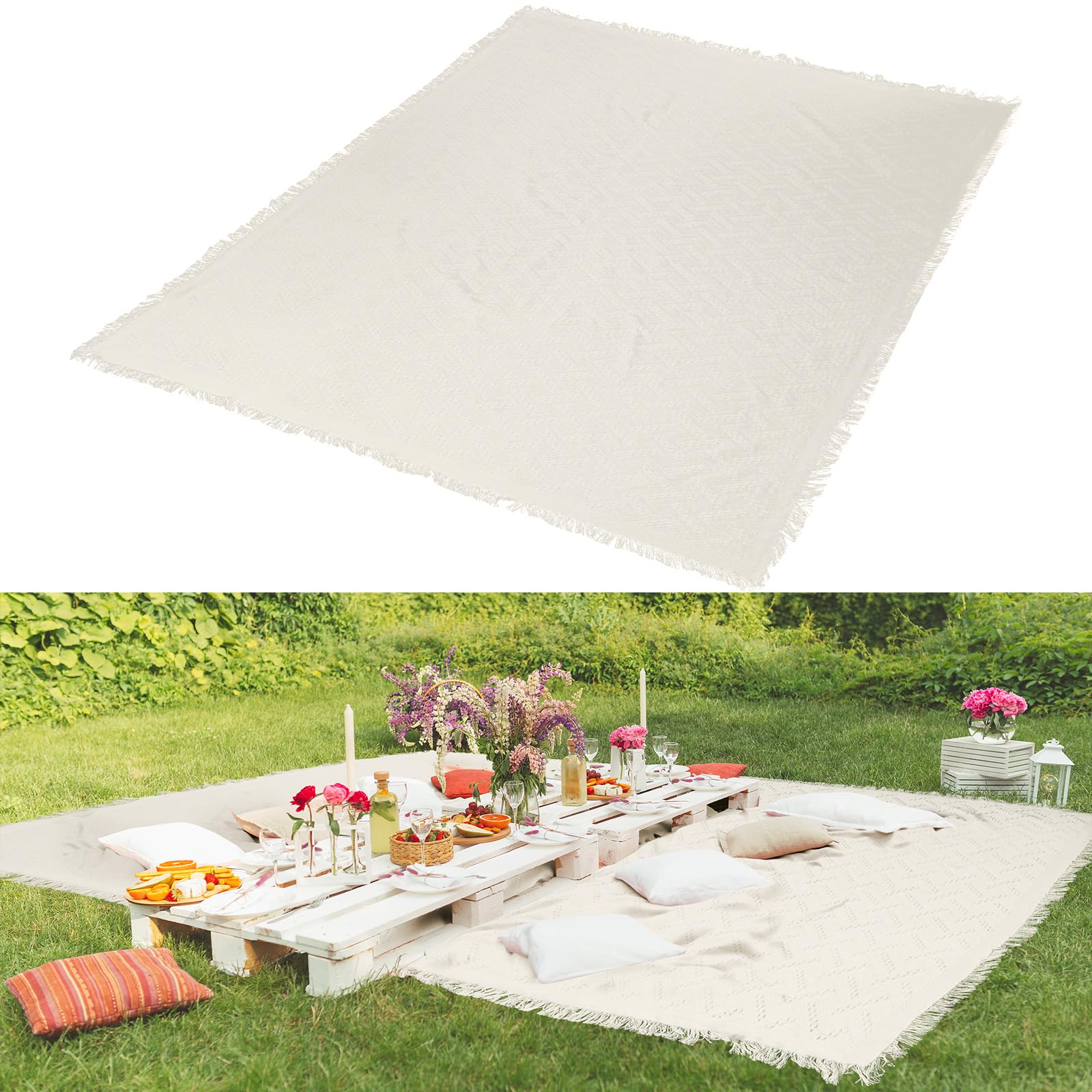 Photo 1 of Hahafelt Extra Large Outdoor Picnic Blanket Oversize Beach Woven Cotton Yarn Blanket with Fringe Machine Washable Sandproof Portable for Spring Summer Camping Beach Park (Beige)