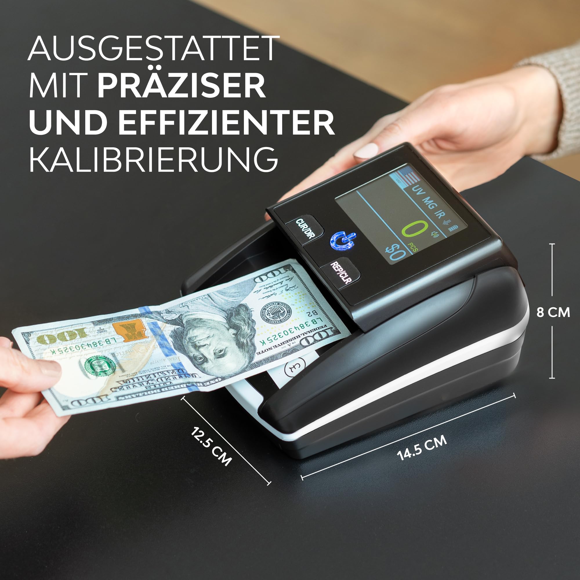Geldscheinprüfer – Geldprüfgerät mit UV/MG/IR – Für Euro, Dollar, Pfund – Tragbar mit Akku
