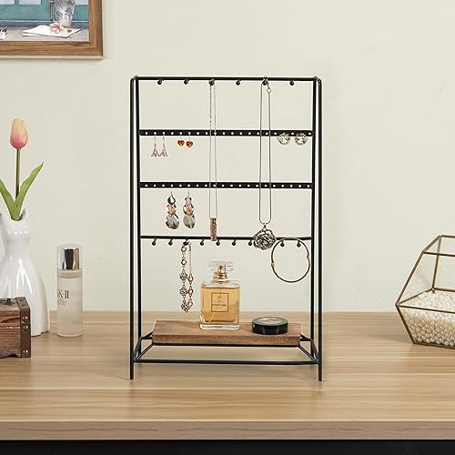 Miniatura 4 de Organizador de joyería de mesa de metal negro moderno con base de exhibición de maderacollares, pulseras, pendientes, soporte de almacenamiento