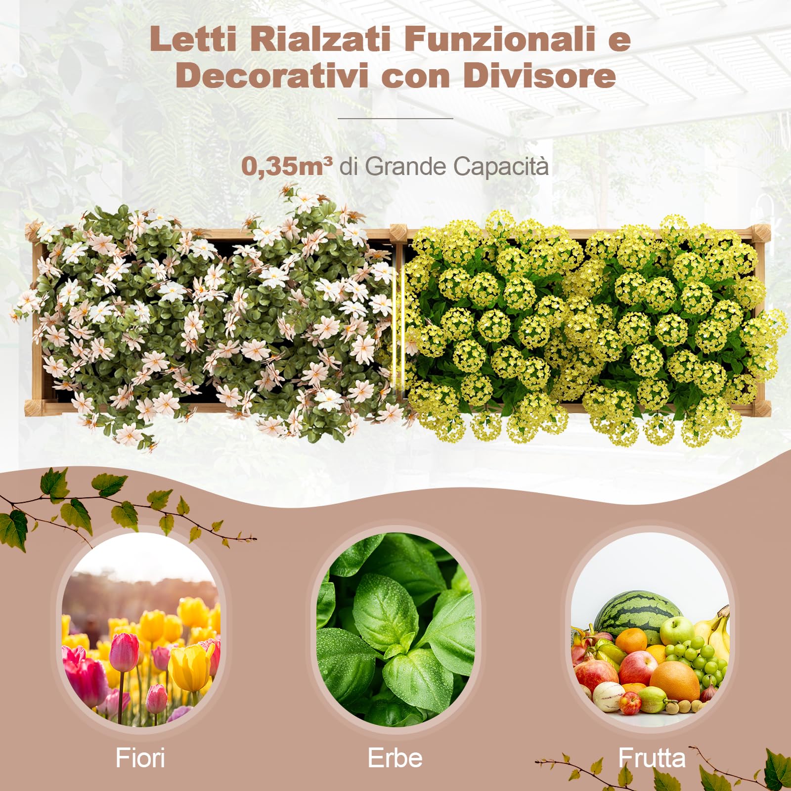 RELAX4LIFE Fioriera da Esterno, Orto Rialzato da Esterno con Divisore, Sistema di Drenaggio, Fodera in Tessuto Non Tessuto, Fioriera Legno per Verdure, Fiori, per Balcone, 227x59,5x40cm (Naturale)
