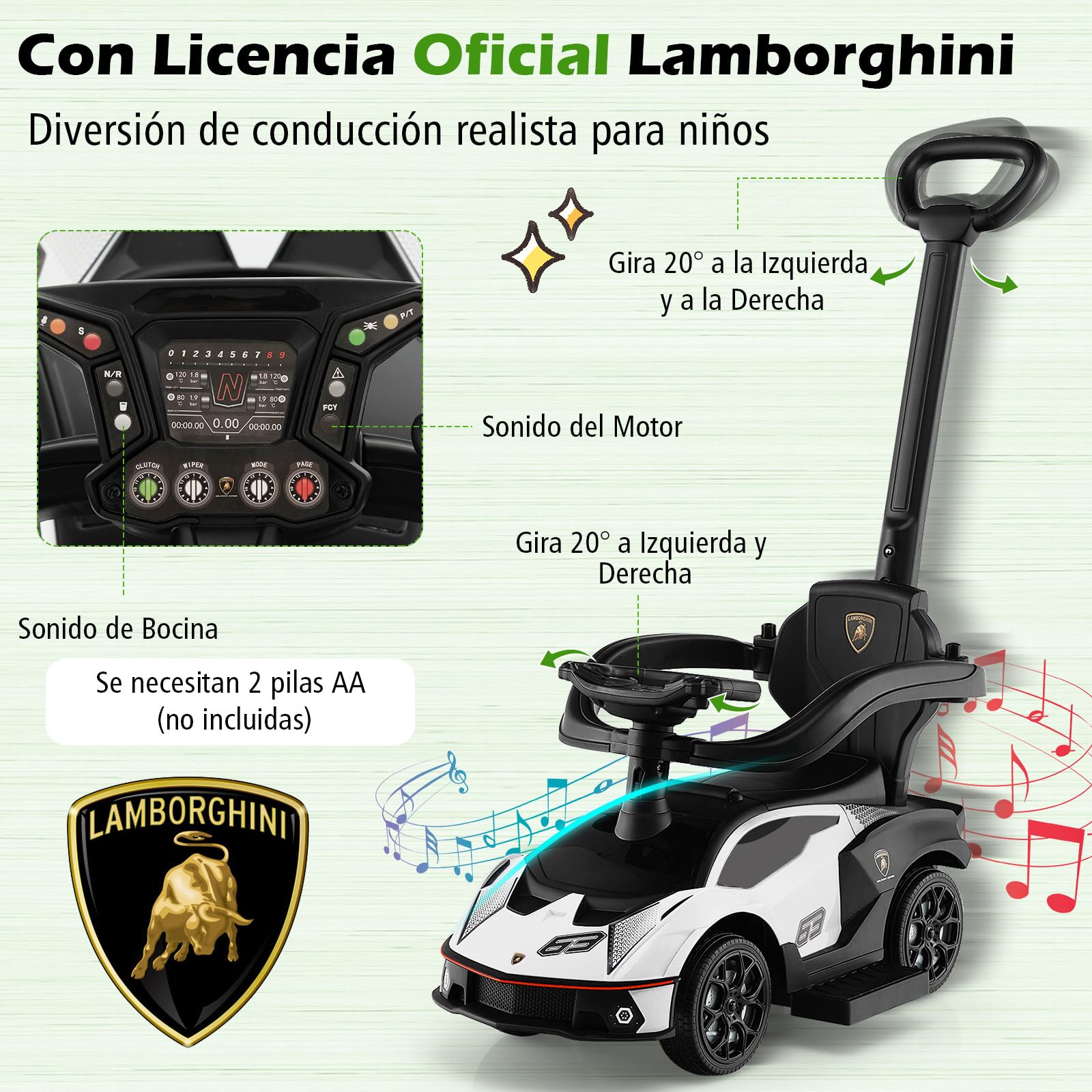 COSTWAY 3 en 1 Correpasillos para Niños Lamborghini, Coche de Empuje con Asa, Volante, Barandilla Desmontable, Caja de Almacenamiento, Función de Bocina, para Niños de 12-36 Meses (Blanco)