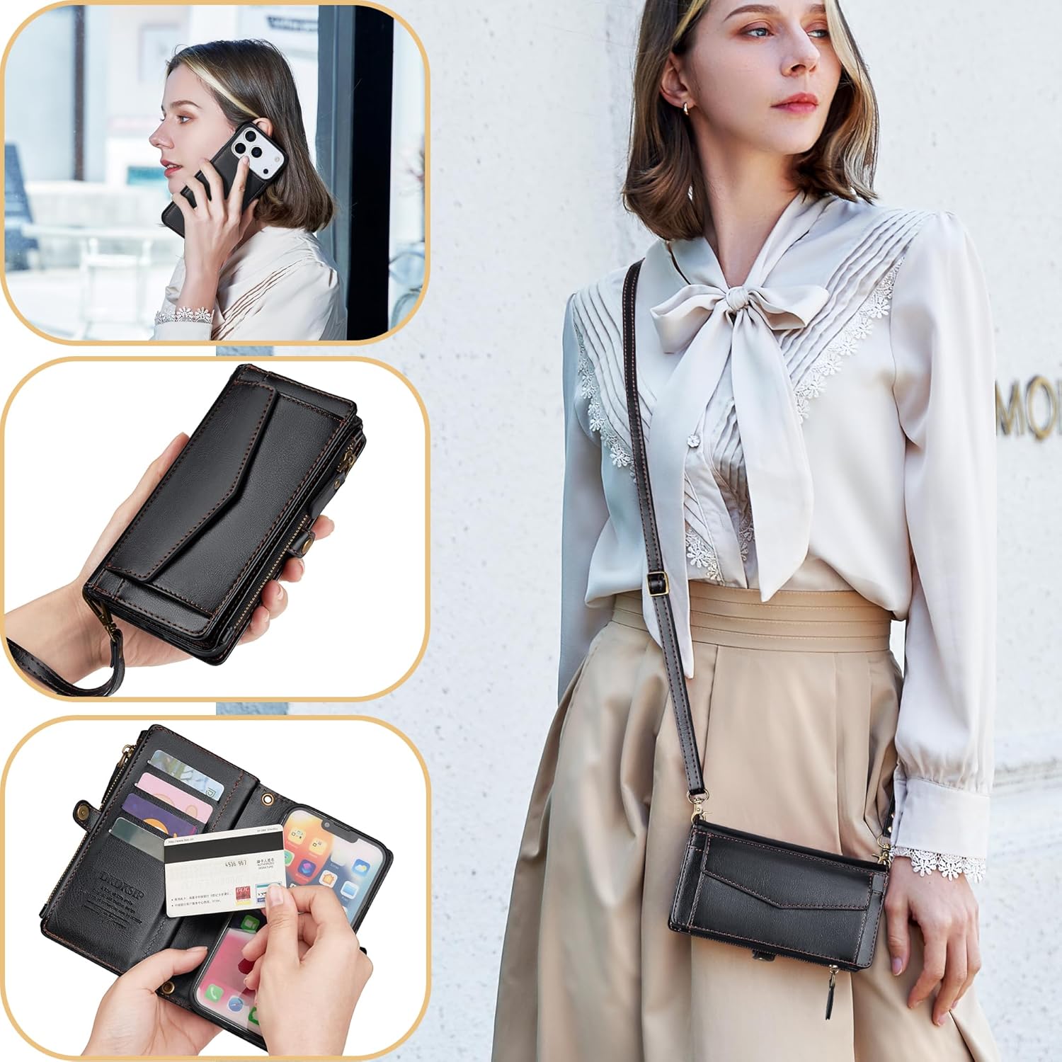 Compatible with iPhone 17 Pro Max Wallet Case with RFID Blocking Card Holder for Women, PU Leather Flip Zipper Wallet Detachable Magnetic Phone Case Crossbody Strap, Classic Black