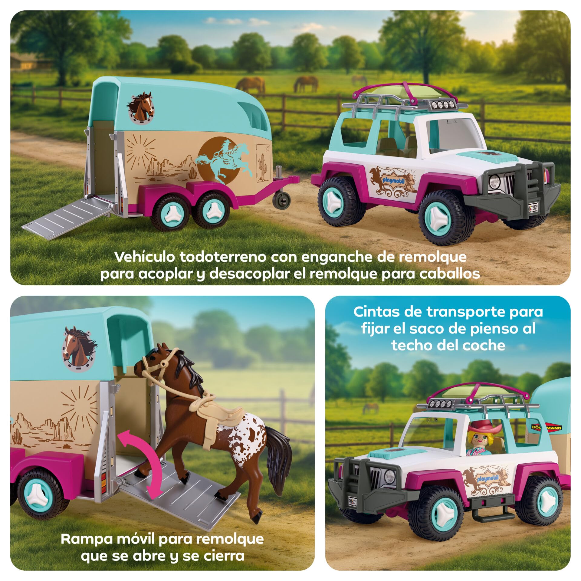 PLAYMOBIL | I Love Horses | Todoterreno con Remolque para Caballos | Set de Transporte con amazona, Caballo, Accesorios y rampa móvil | para niños a Partir de 4 años | 72129