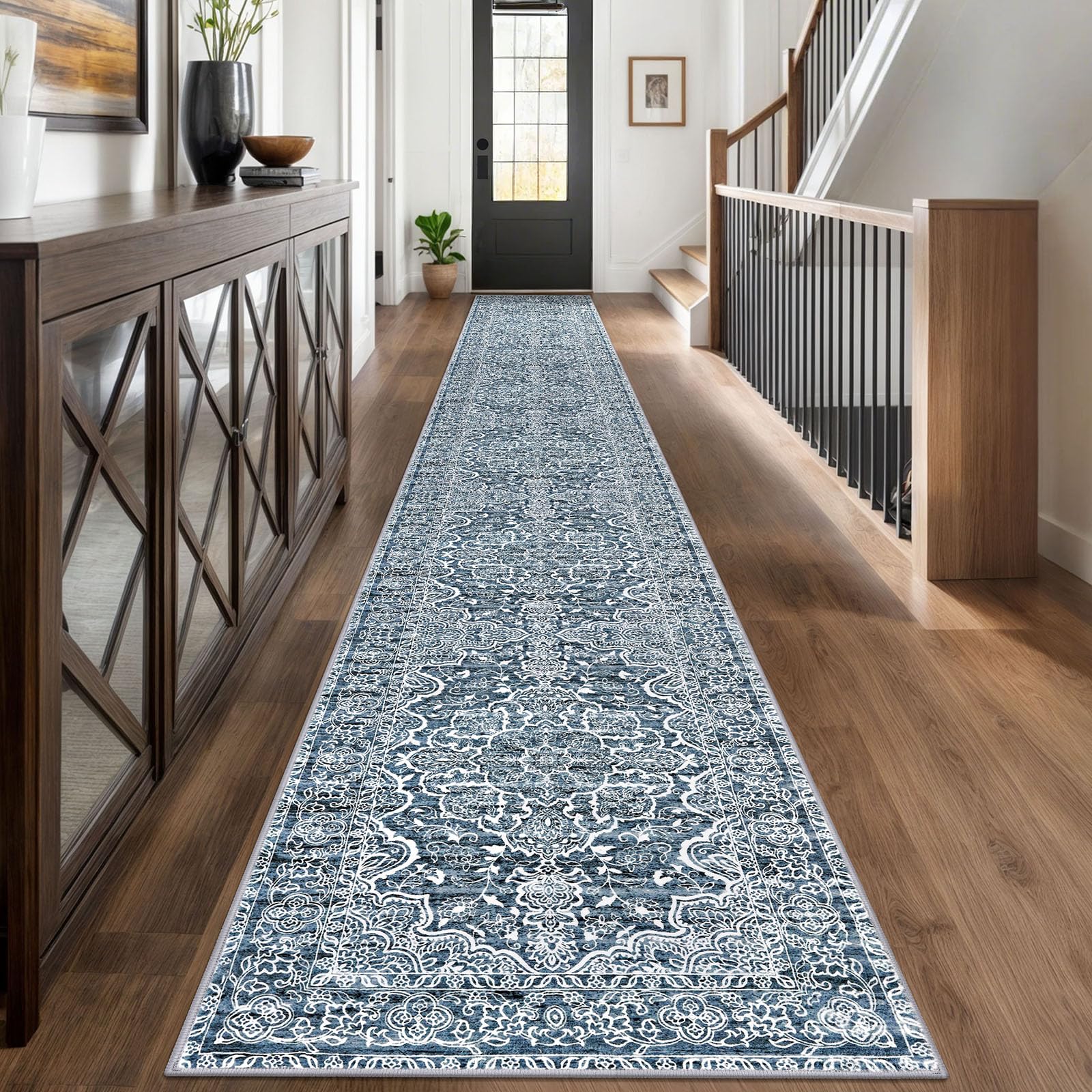 KUTA Extra Long Runners for Hallways 2.6x18ft Non-Slip Washable, Blue White Vintage Kitchen Rug, Stair Runners Indoor Ultra Soft Printed Floral