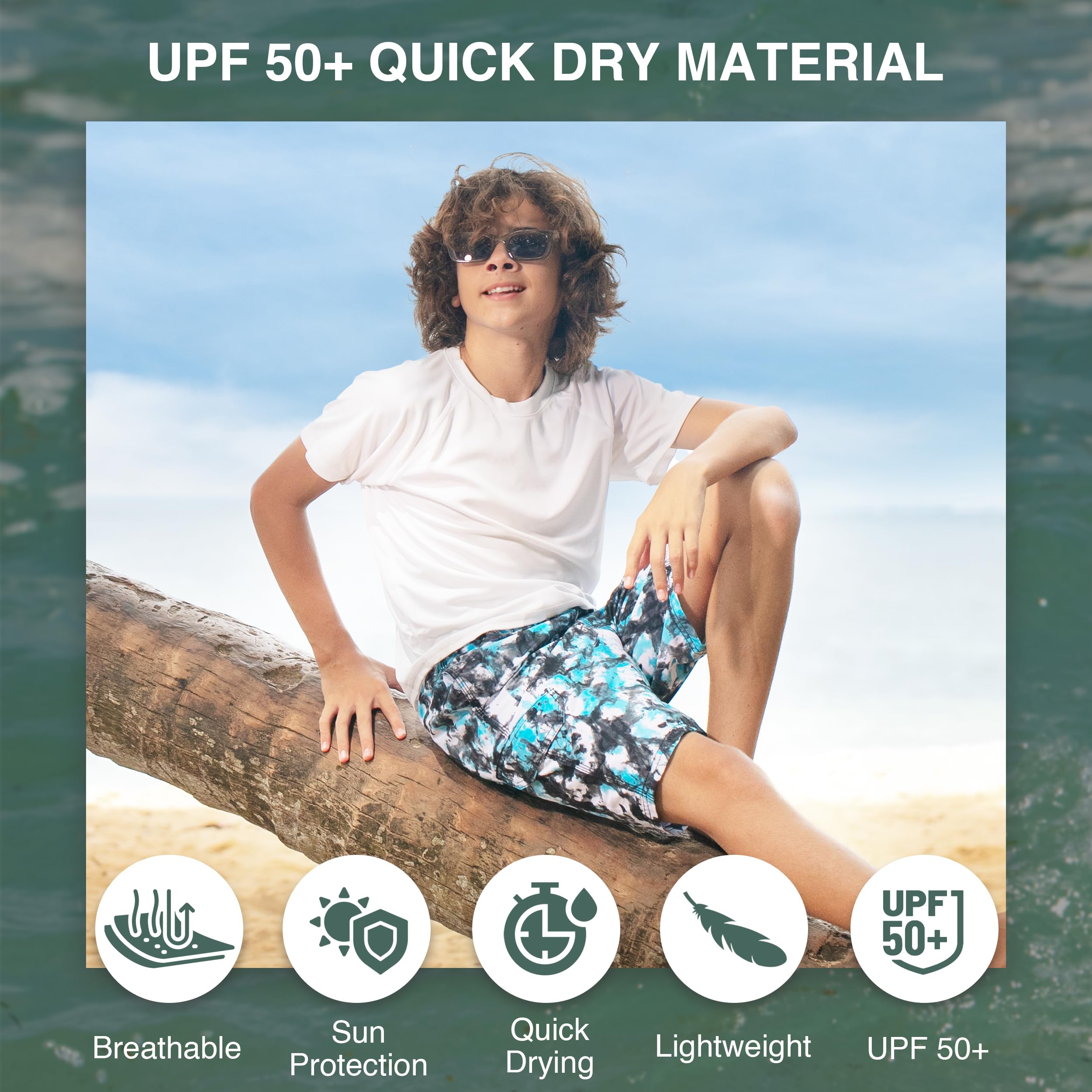 Kanu Surf Jungen Specter Quick Dry UPF 50+ Beach Swim Trunk Badehose, Seafoam Black/Aqua, 10-12