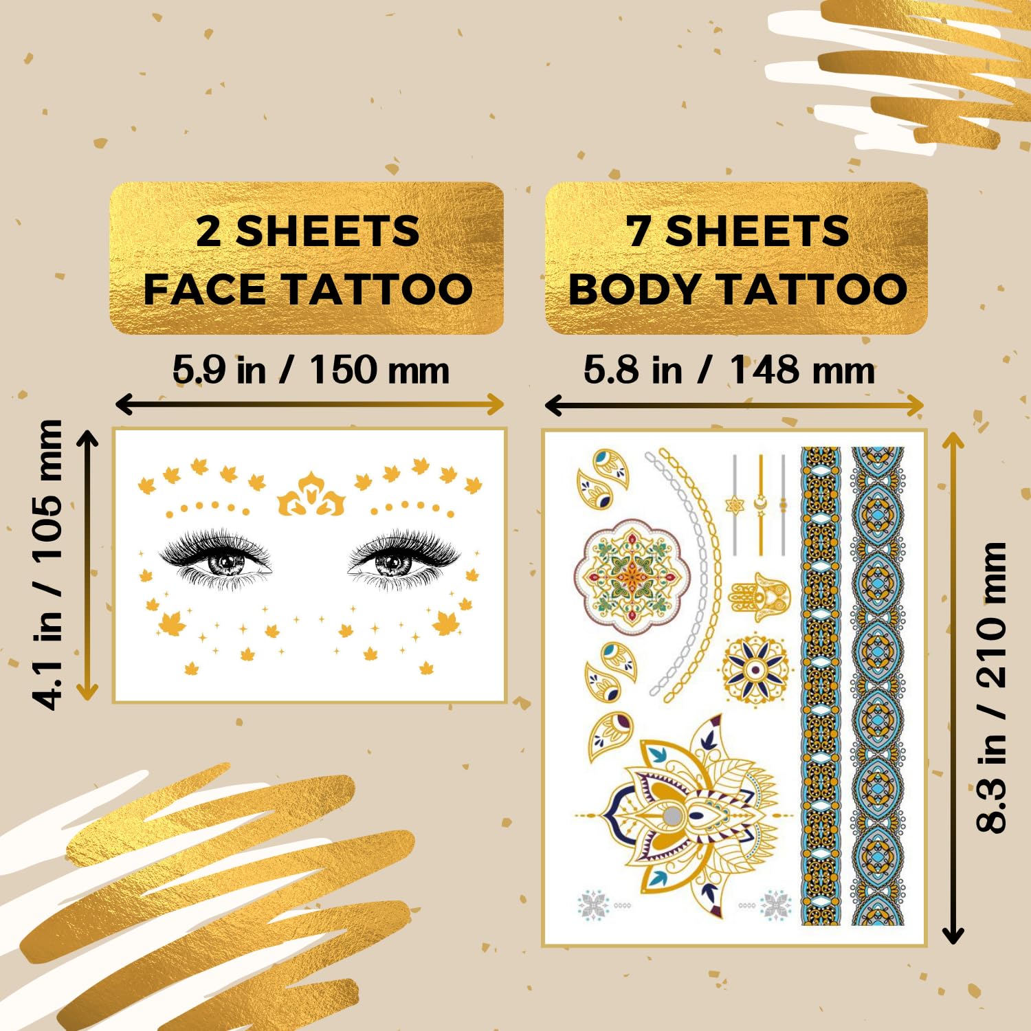 Glitter Freckles Gold Temporary Tattoos Set, Bachelorette Body Glitters & Face Stickers, 90+ Temp Tattoo for Adults Women Teens Girls, Fake Tattoos for Party Beach Festivals Cosplay Dates, 9 Sheets