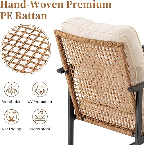 Miniatura 4 de COSIEST Juego de 3 sillas mecedoras para exteriores, muebles de patio de ratán con cojines gruesos y cálidos beige y mesa auxiliar de almacenamiento