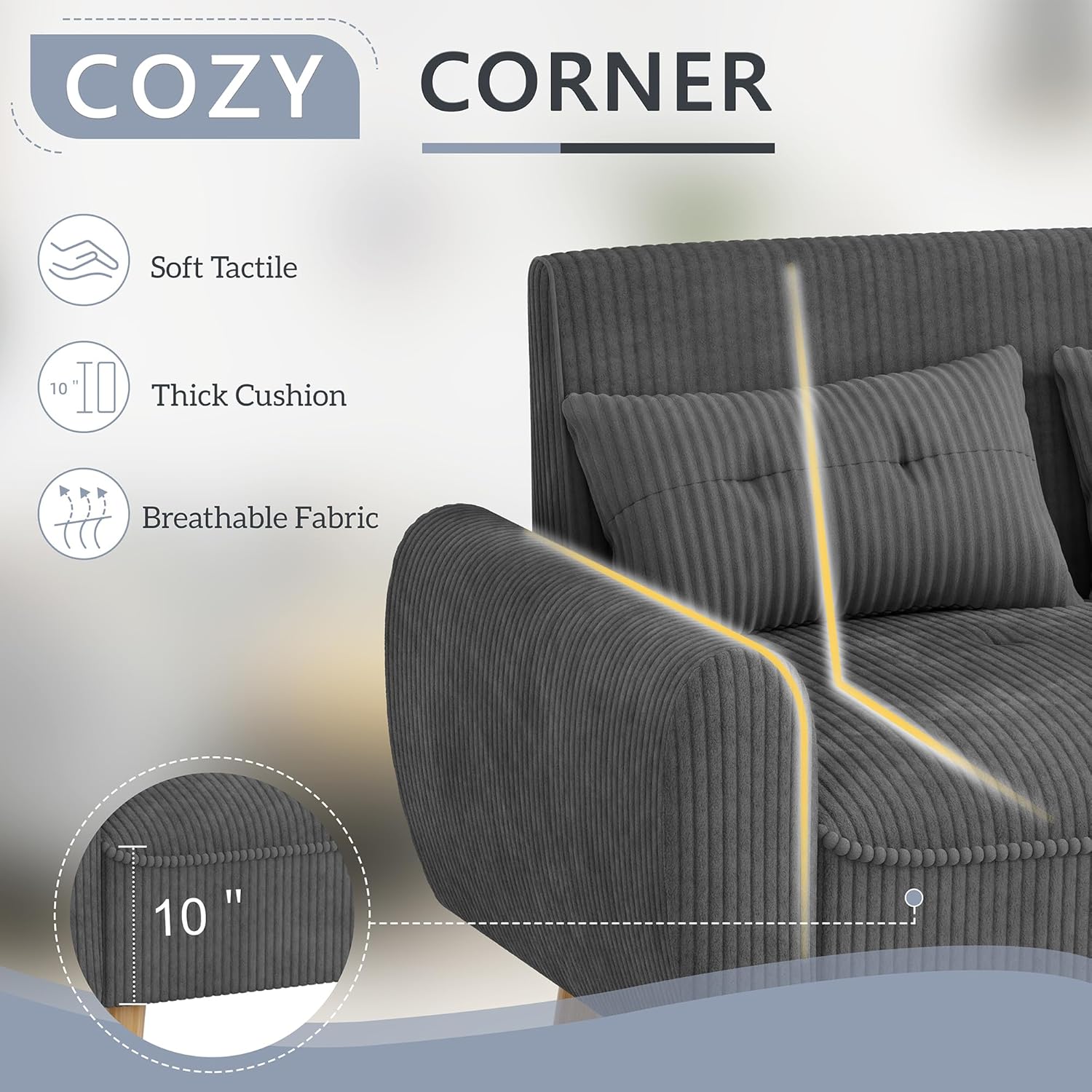 Shintenchi 48'' Loveseat Sofa, Mid-Century Modern Upholstered Couch Deep Seat with 2 Pillows, 10" Thick Cushion with Spring, Solid Wood Frame Small Couch for Living Room, Dorms & Office, Dark Grey
