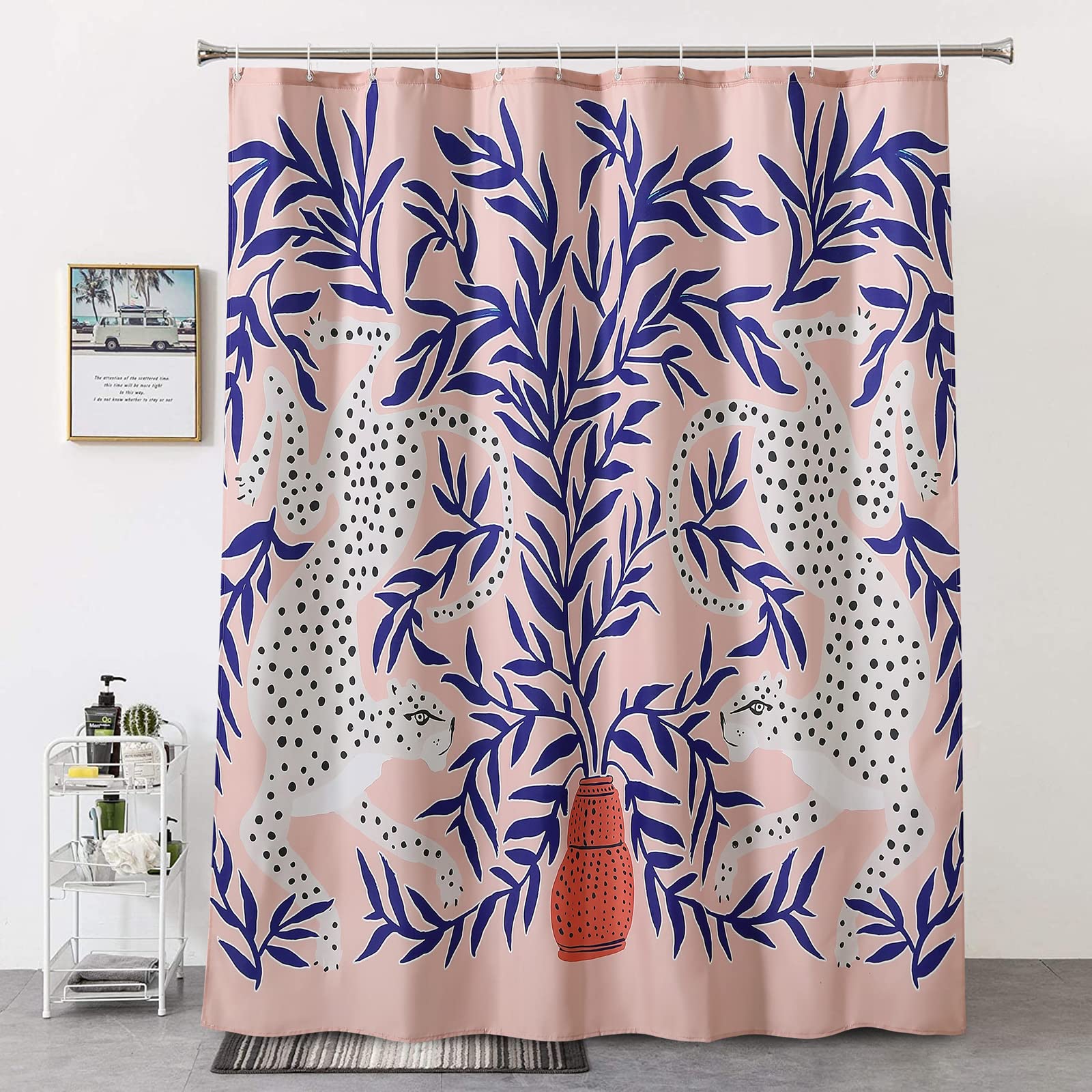 RoomTalksLeopard and Plants Fabric Shower Curtain in Blue and Blush, Aesthetic Cute Animals Botanical Leaves Shower Curtains Set with Hooks Funny Abstract Vintage Retro Bathroom Decor, 72 x 72