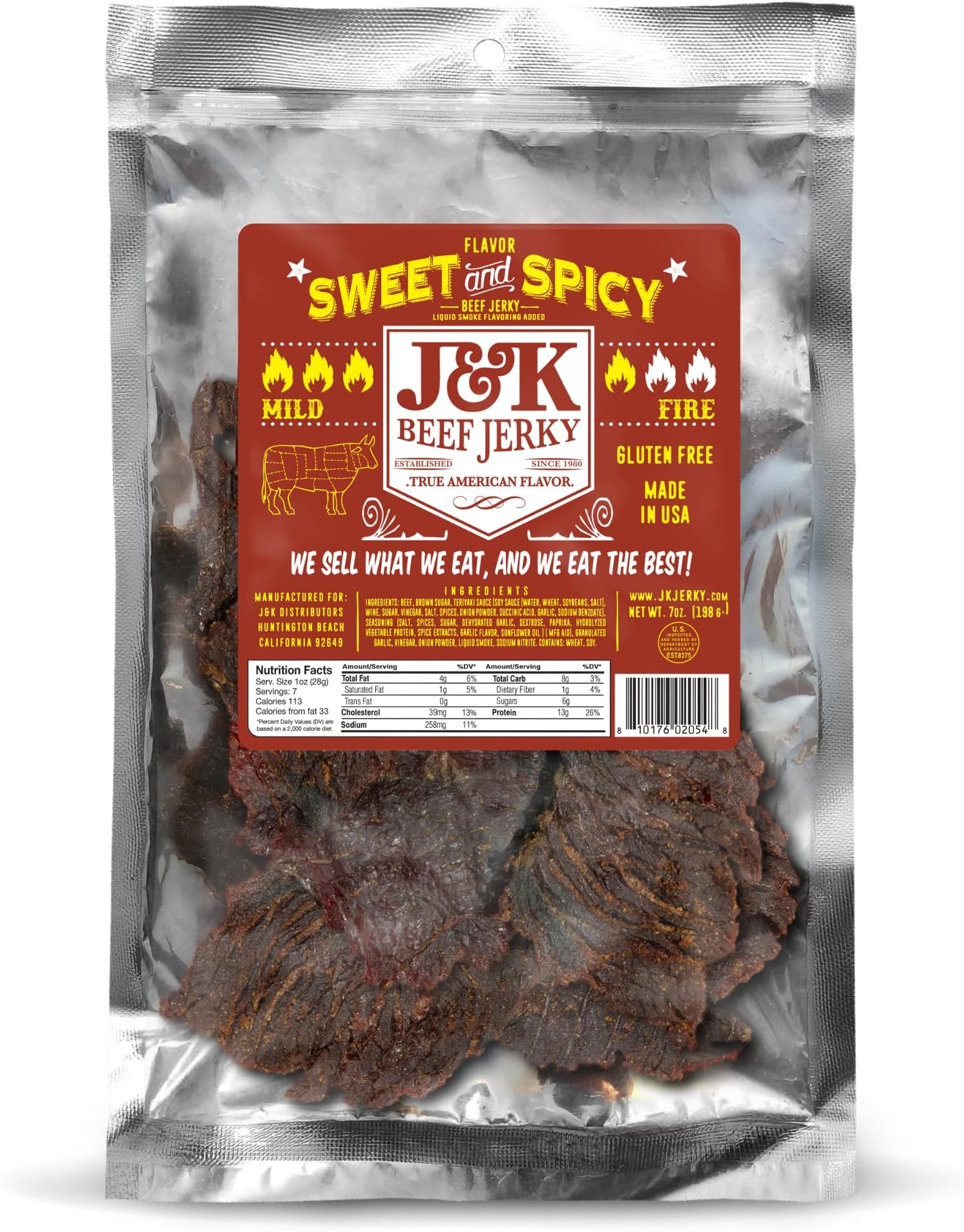 J&K Sweet and Spicy Beef Jerky - Hand Crafted Small Batch American Made Slab Beef Jerky - Bold & Flavorful Snack! - 7oz Big Bag