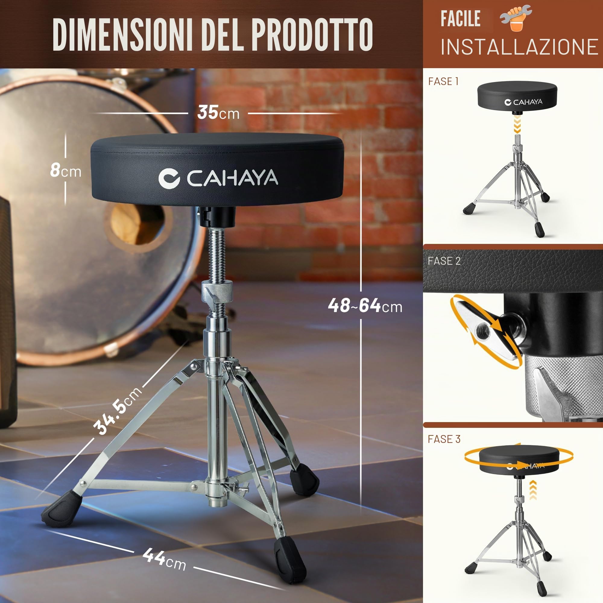 CAHAYA Sgabello per batteria regolabile in altezza - Sgabello tamburo da giardino nero con sollevamento girevole sedile più spesso e imbottito, capacità di carico 200 kg