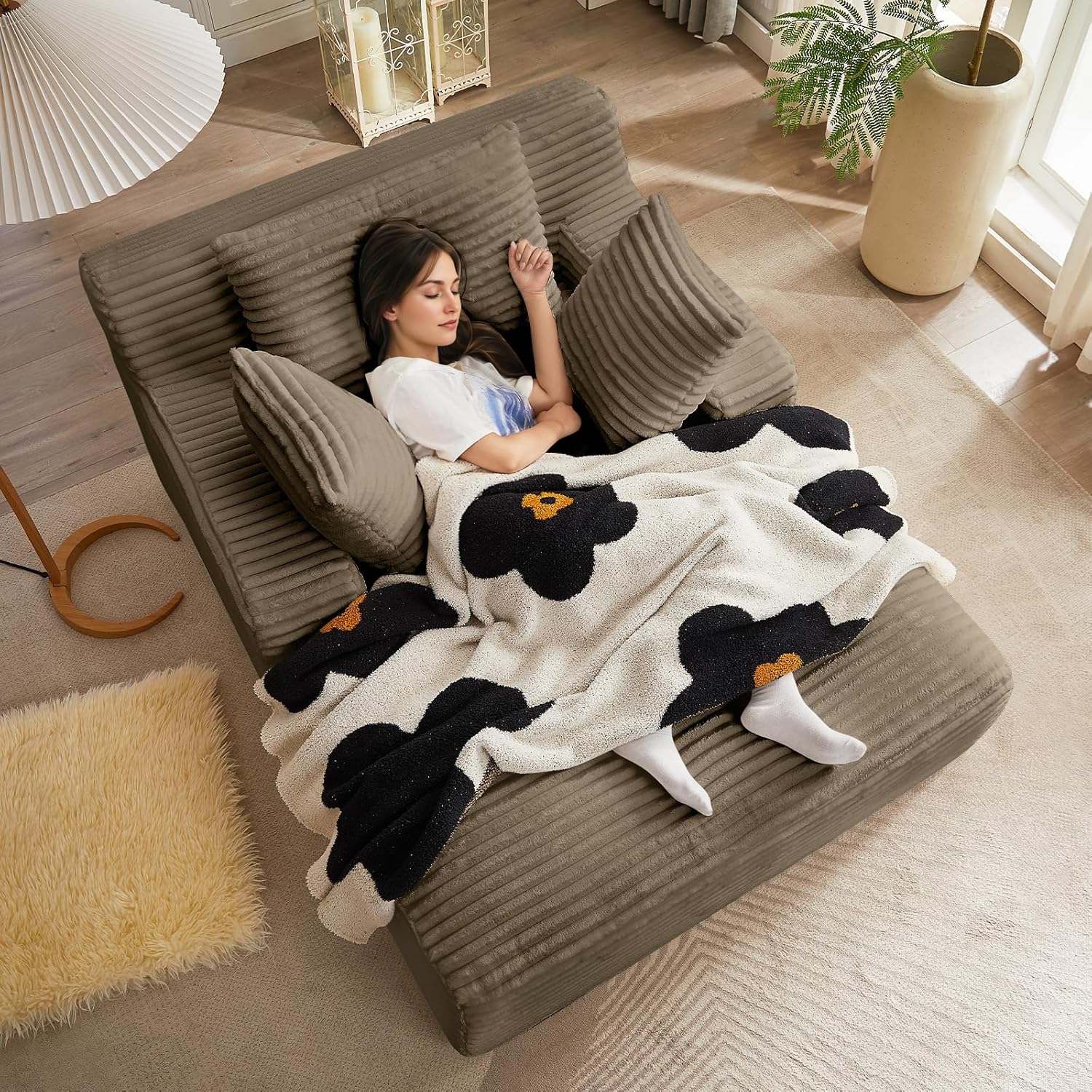 Corduroy Oversized Chaise Lounge Chair Indoor, 50"W Upholstered Fluffy Cloud Couch with 3 Pillows, Deep Seat Sofa, Comfy Reading Armchair, Sleeper Sofa Bed Chair for Living Room, Bedroom(Brown)