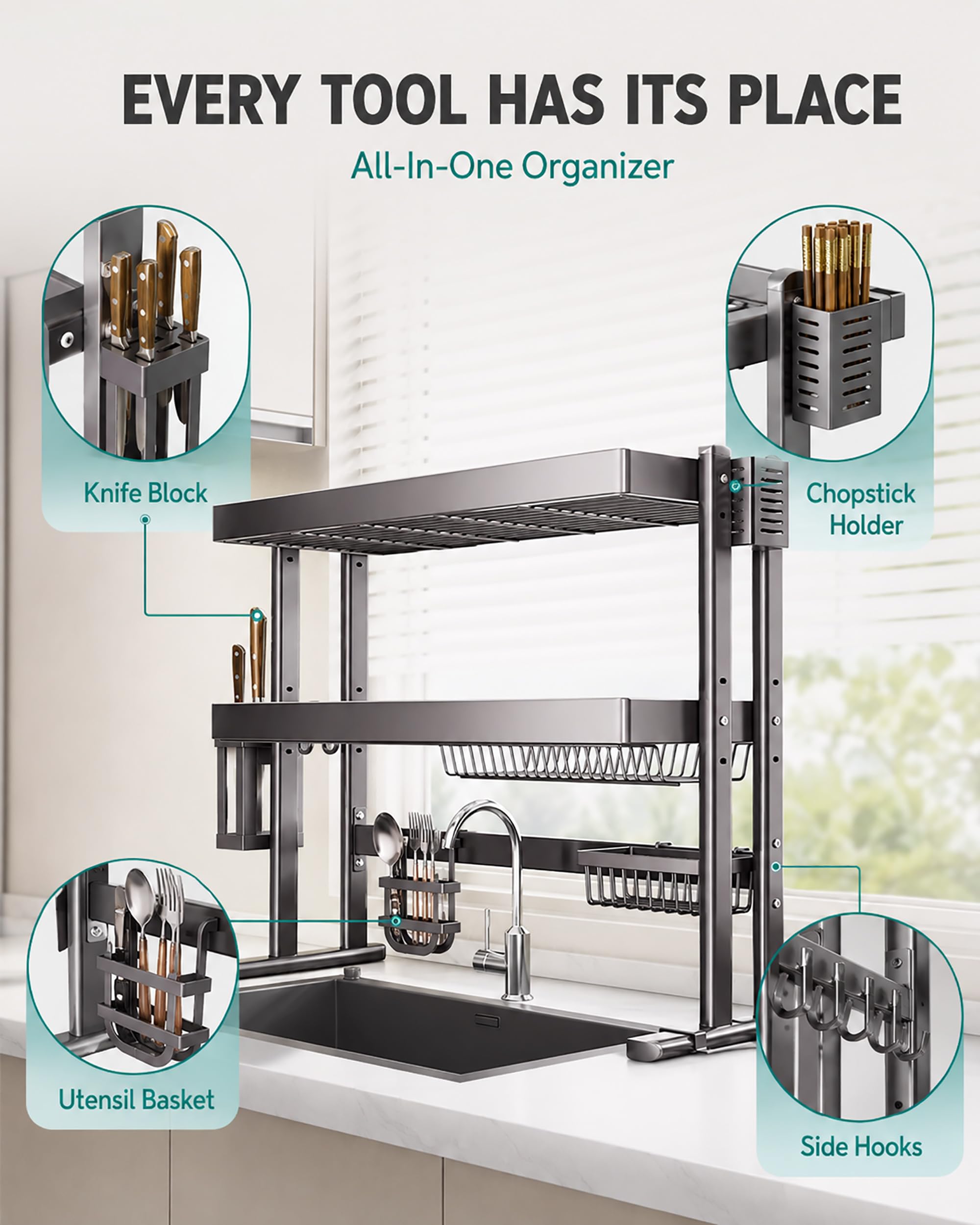 Scolapiatti da sopra Lavello Acciaio Inox - Organizer Cucina Salvaspazio con Scolapiatti Doppio Livello - Porta Utensili e Ganci - 14 Piatti e 9 Ciotole